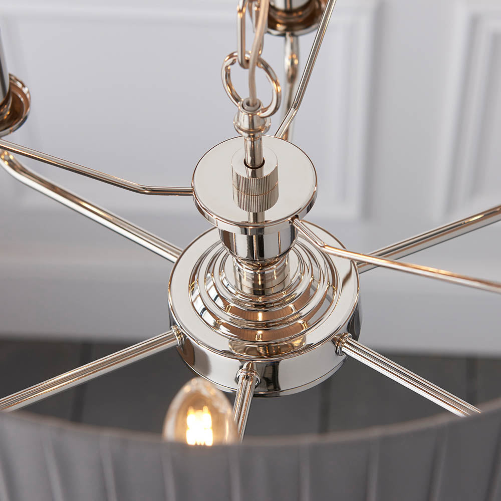 Endon Highclere 6 Light Pendant - Bright Nickel Plate & Wrapped Charcoal Fabric