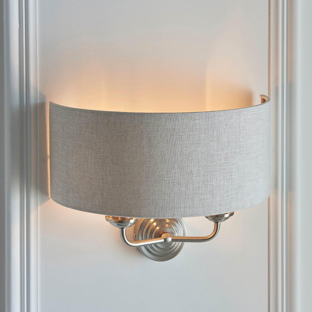 Endon Highclere 2 Light Wall Light - Brushed Chrome Plate & Neutral Linen