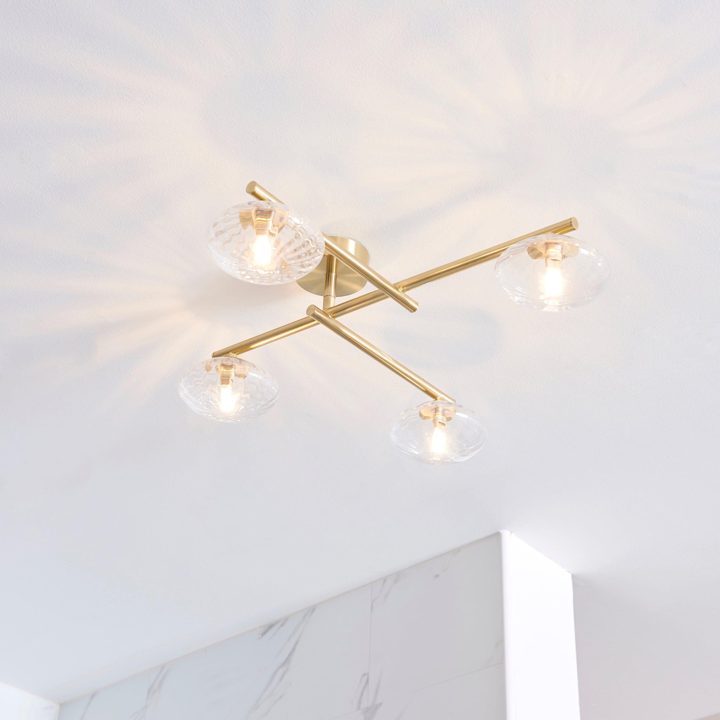 Endon Linear Metal Semi Flush Fitting - Brushed Gold & Ribbed Glass Shades