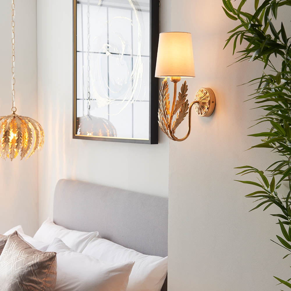 Endon Delphine Single Wall Light - Gold Leaf & Ivory Cotton Fabric