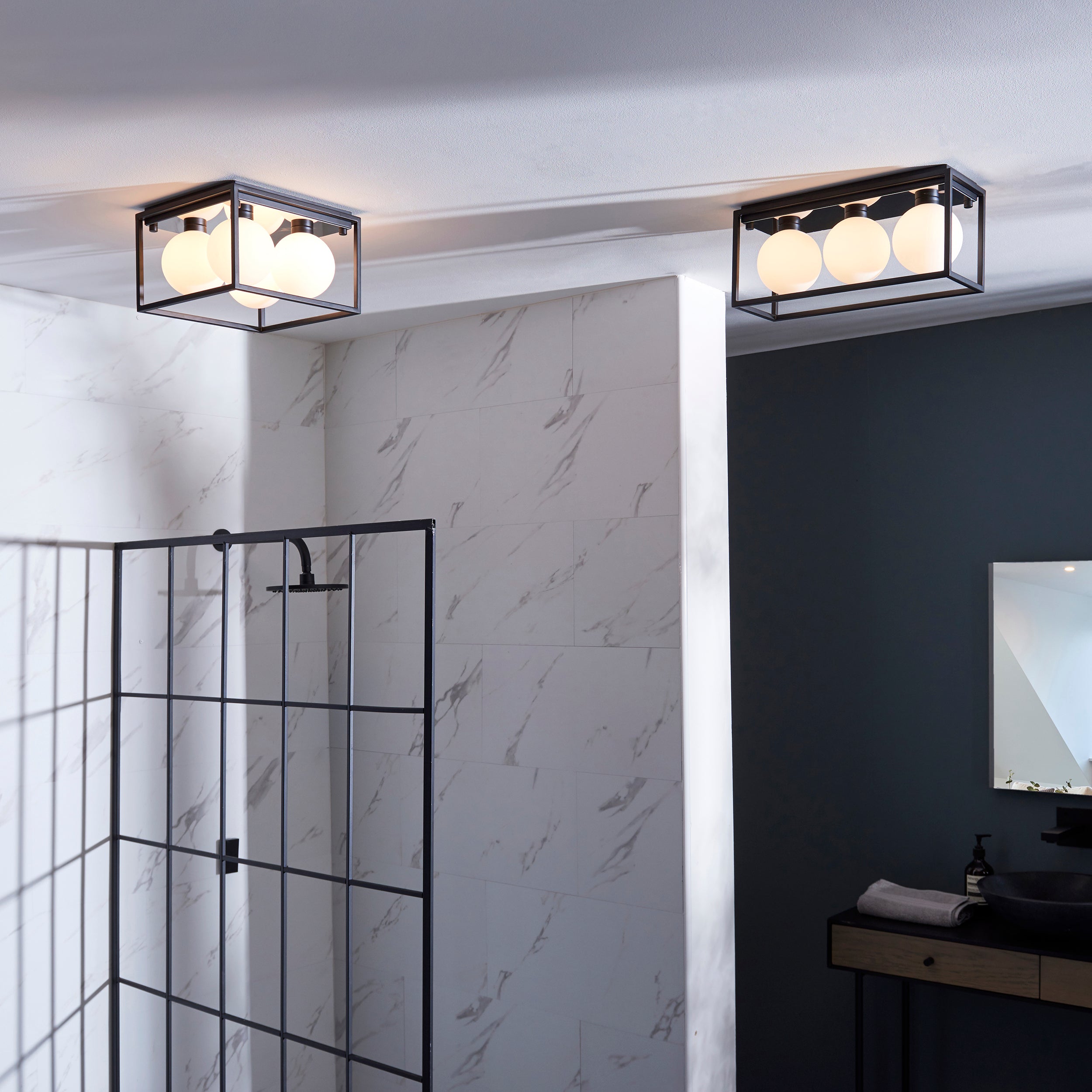 Endon Square Box - Open Framed - Ceiling Light - Black & White Globes
