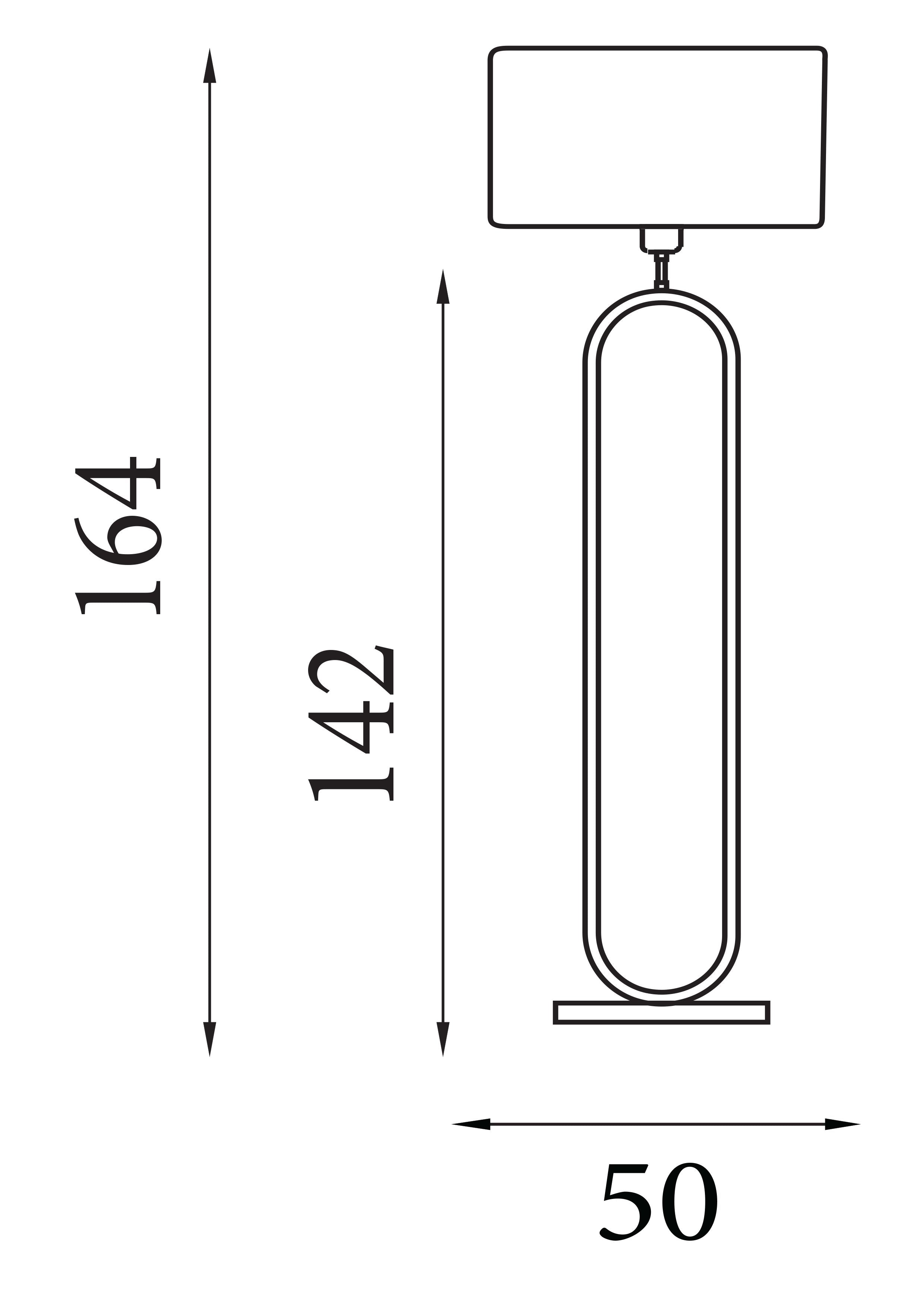 Technical line drawing of the Modish floor lamp showing overall height 164cm, frame height 142cm and base width 50cm
