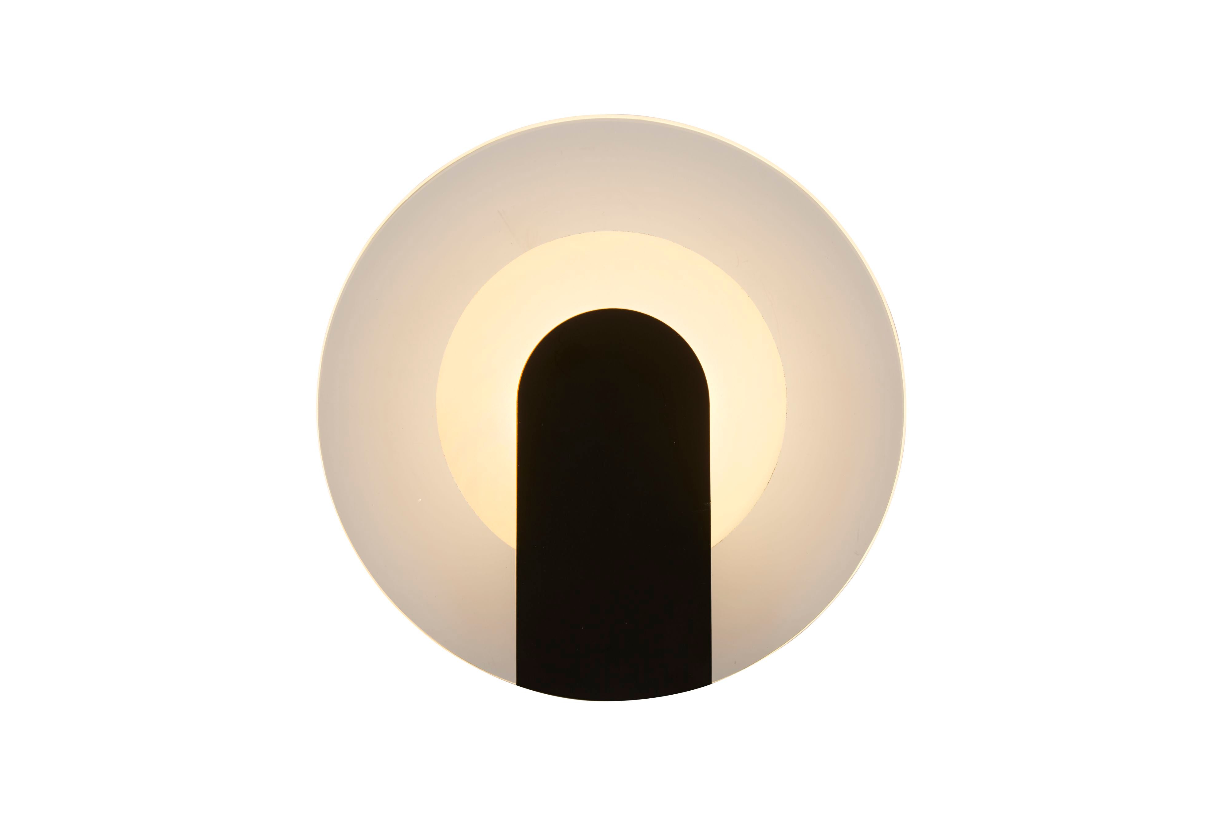 Searchlight Target LED wall light in sand black, front view of the frosted acrylic diffuser with the arch shaped bracket lit from behind, on a white studio background