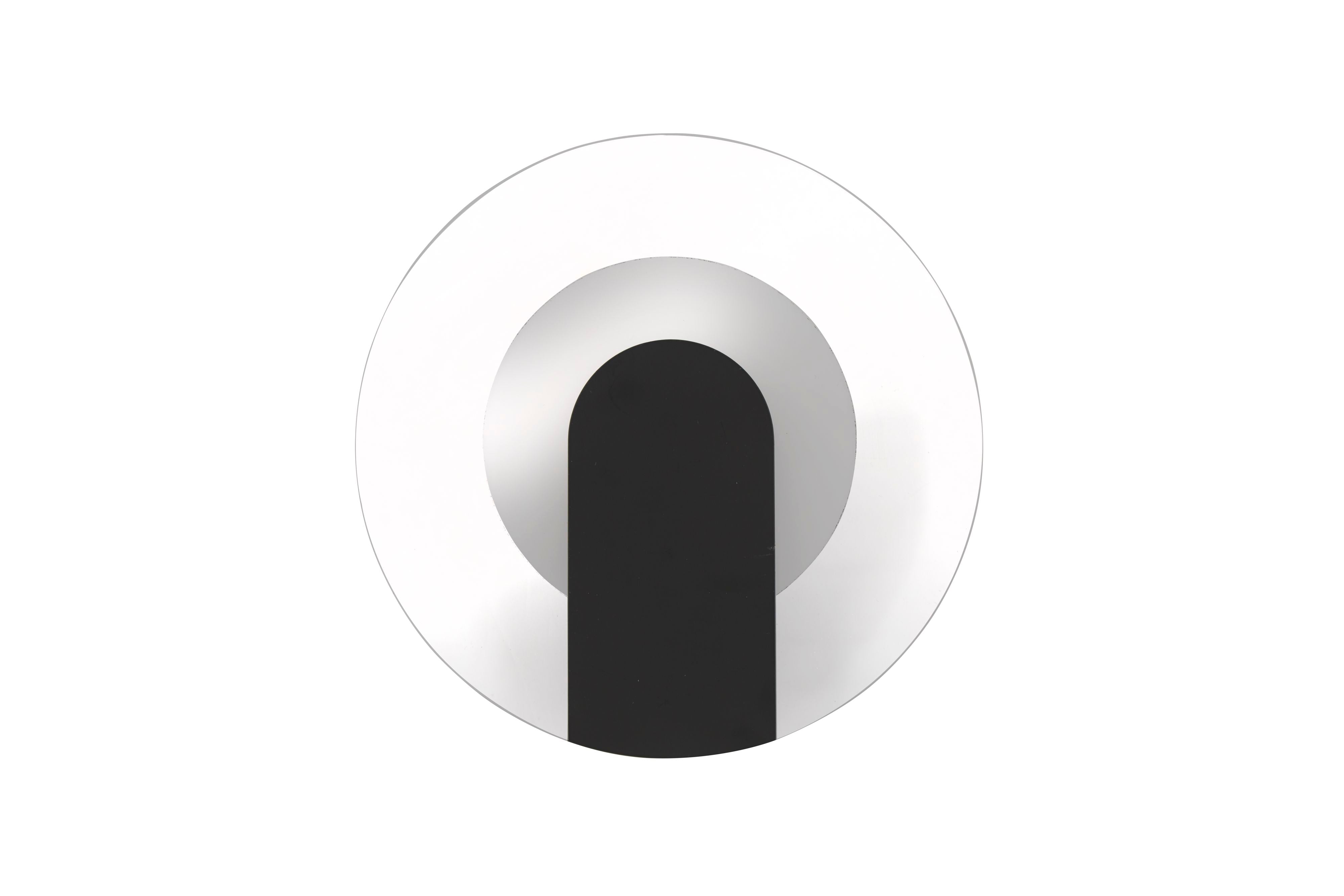 Searchlight Target LED wall light in sand black, straight on unlit view showing the frosted acrylic disc and matte black arch bracket