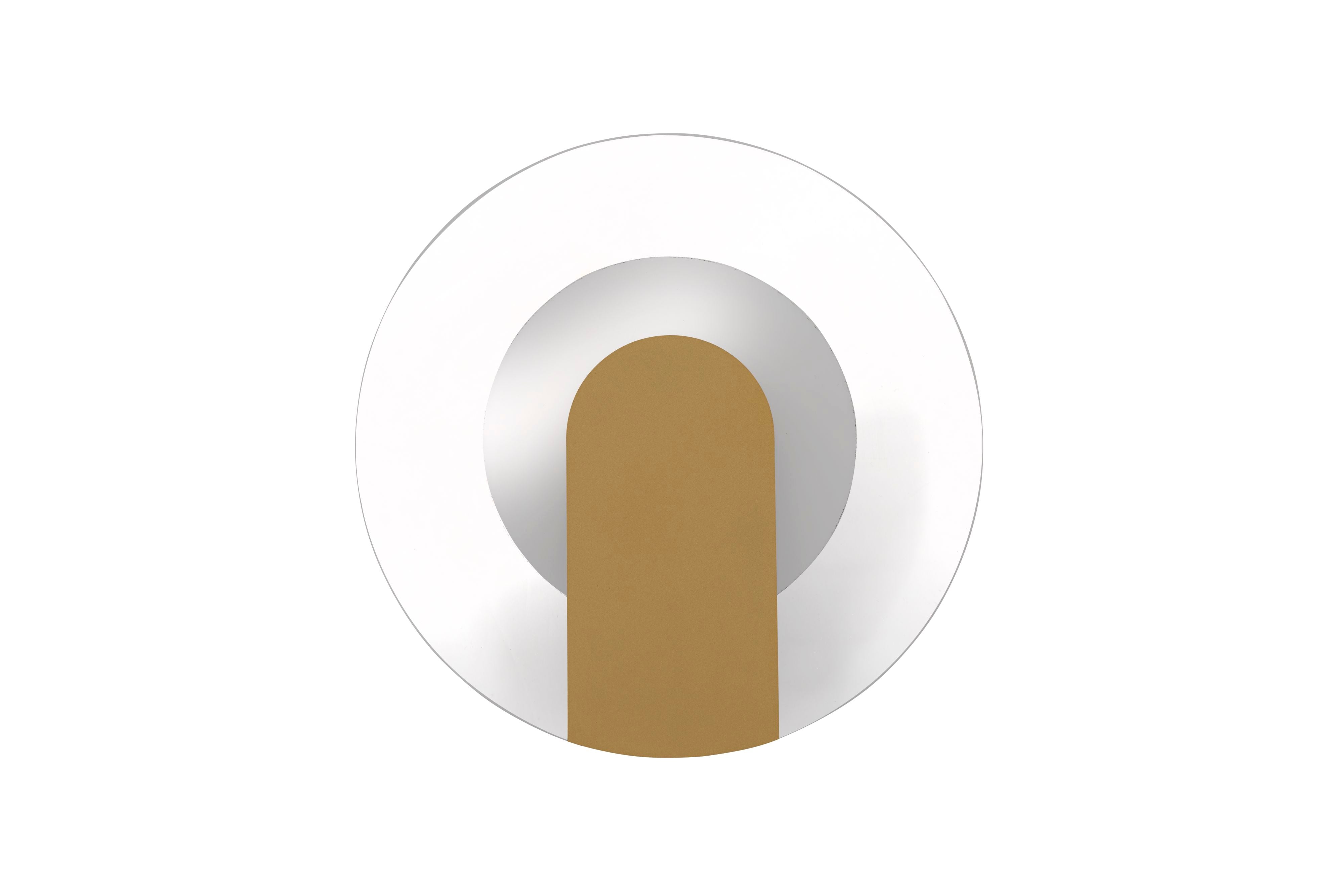 Searchlight Target LED wall light in sand gold, straight on unlit view showing the frosted acrylic disc and matte sand gold arch bracket