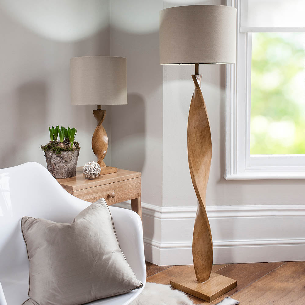 Endon Abia Single Light Table Lamp - Oak Effect Resin & Neutral Linen