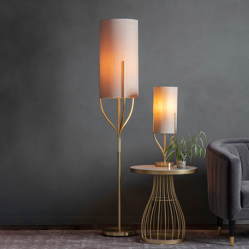 Endon Fraser Single Light Table Lamp - Satin Brass Plate & Neutral Linen Mix Fabric