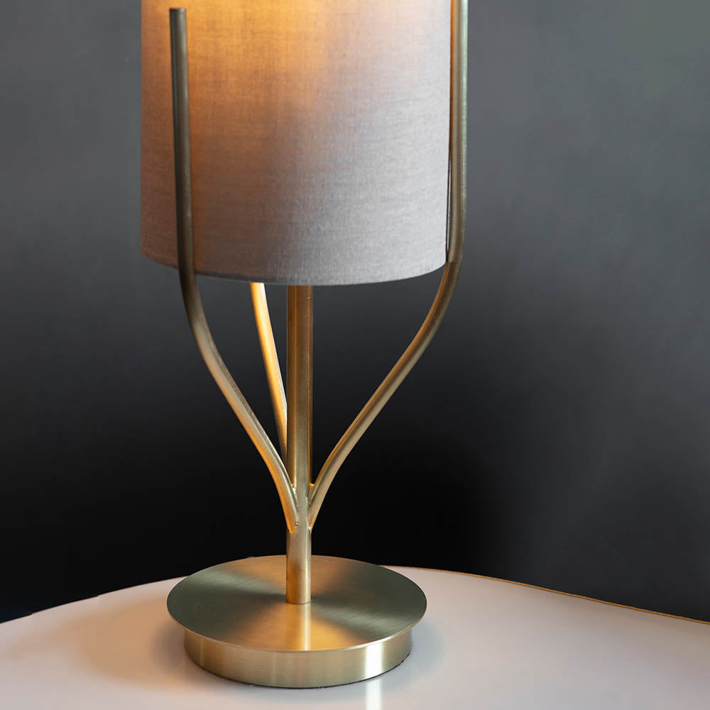 Endon Fraser Single Light Table Lamp - Satin Brass Plate & Neutral Linen Mix Fabric