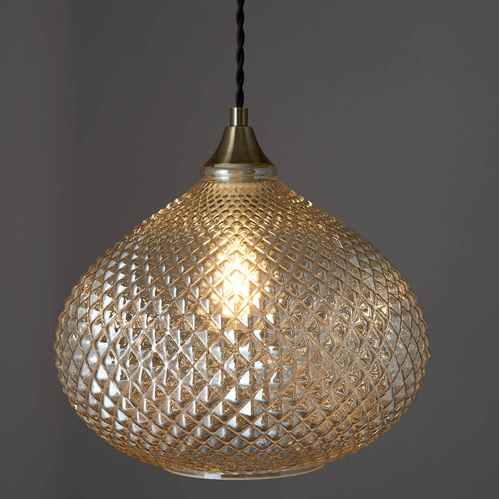 Endon Livia Single Light Pendant - Champagne Glass & Antique Brass Plate