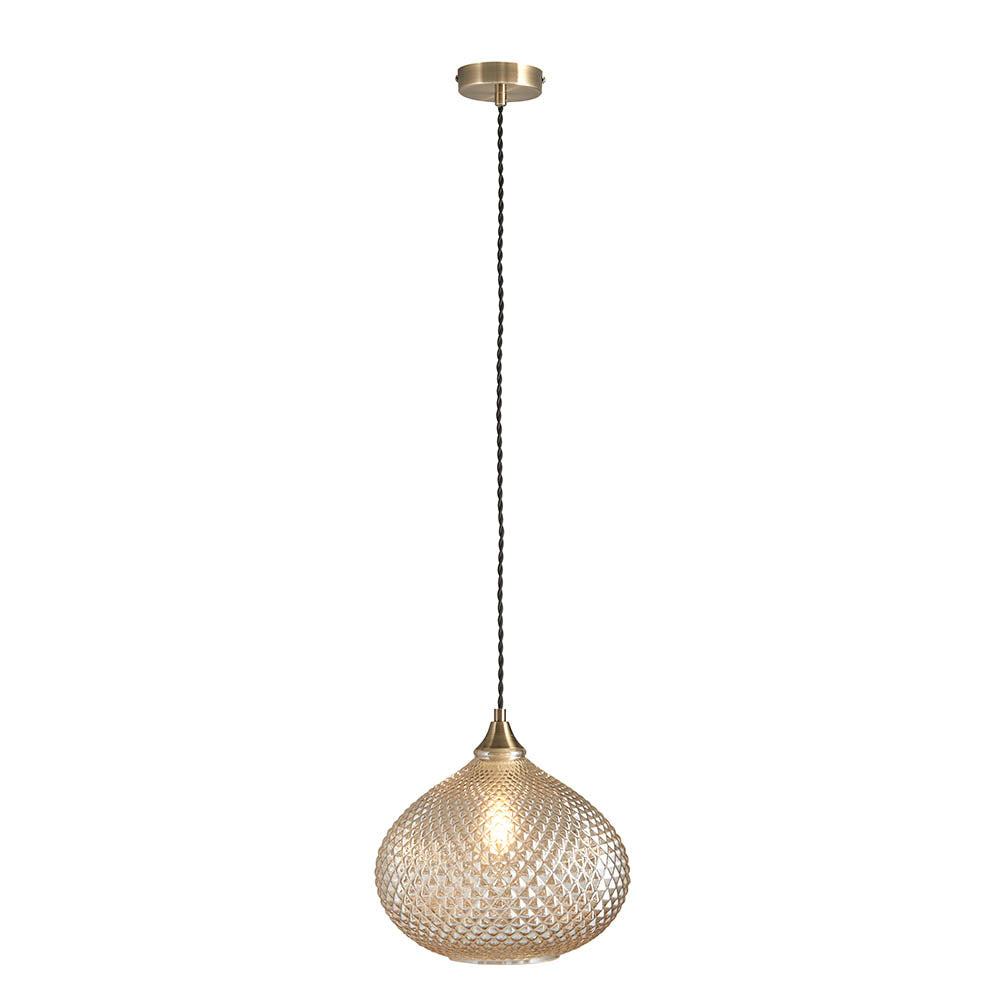 Endon Livia Single Light Pendant - Champagne Glass & Antique Brass Plate