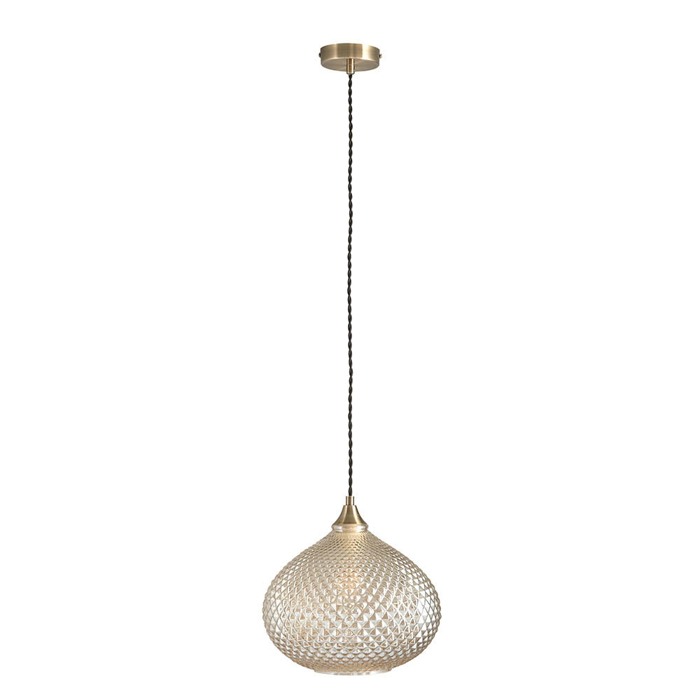 Endon Livia Single Light Pendant - Champagne Glass & Antique Brass Plate