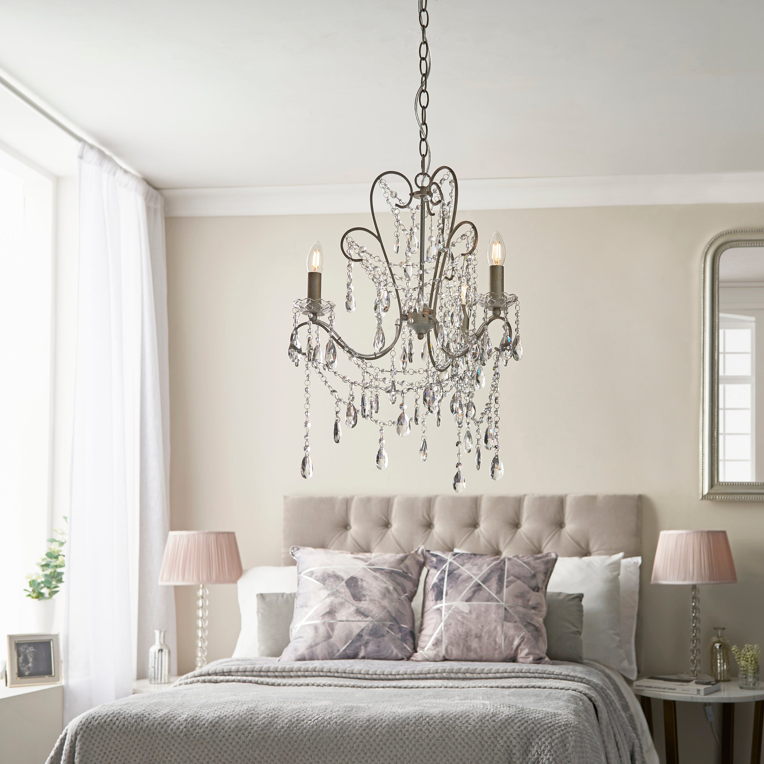 Endon Berkley 3 Light Chandelier - Aged Silver & Crystal Glass