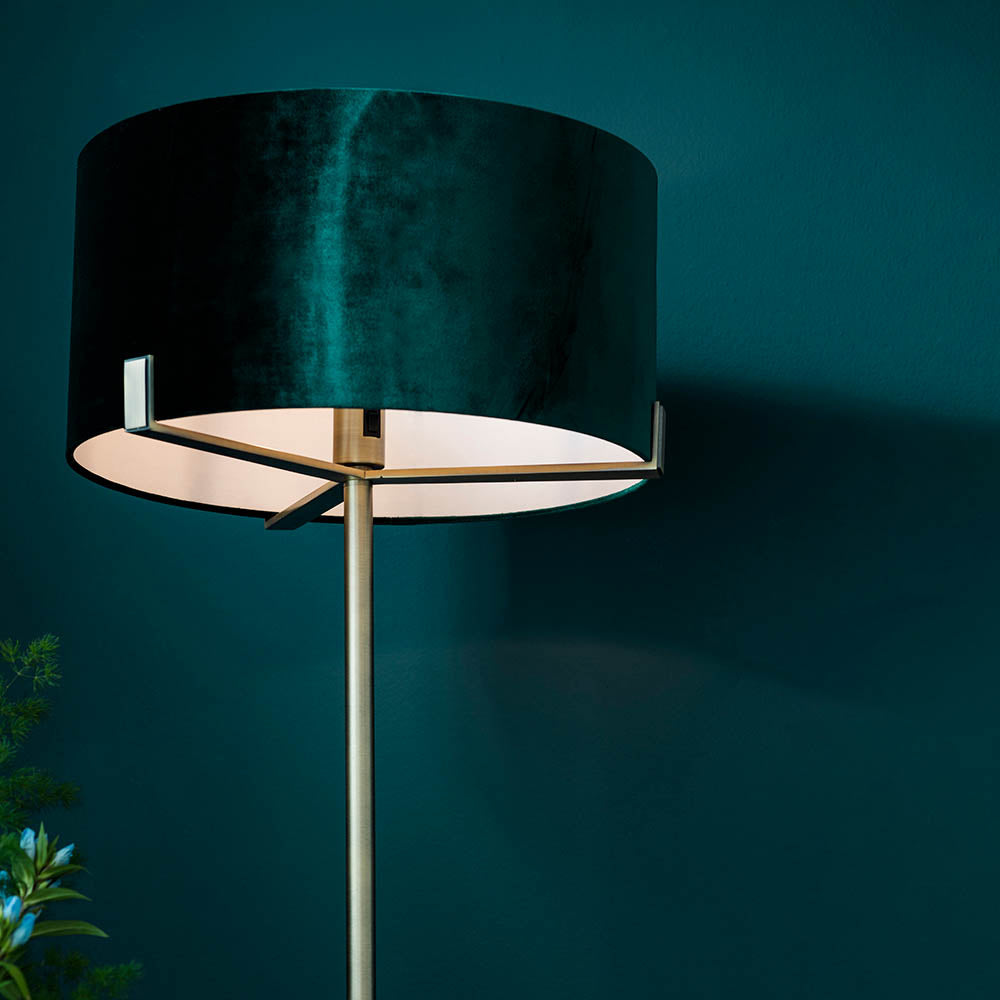 Endon Hayfield Single Light Floor Lamp - Matt Antique Brass Plate & Green Velvet