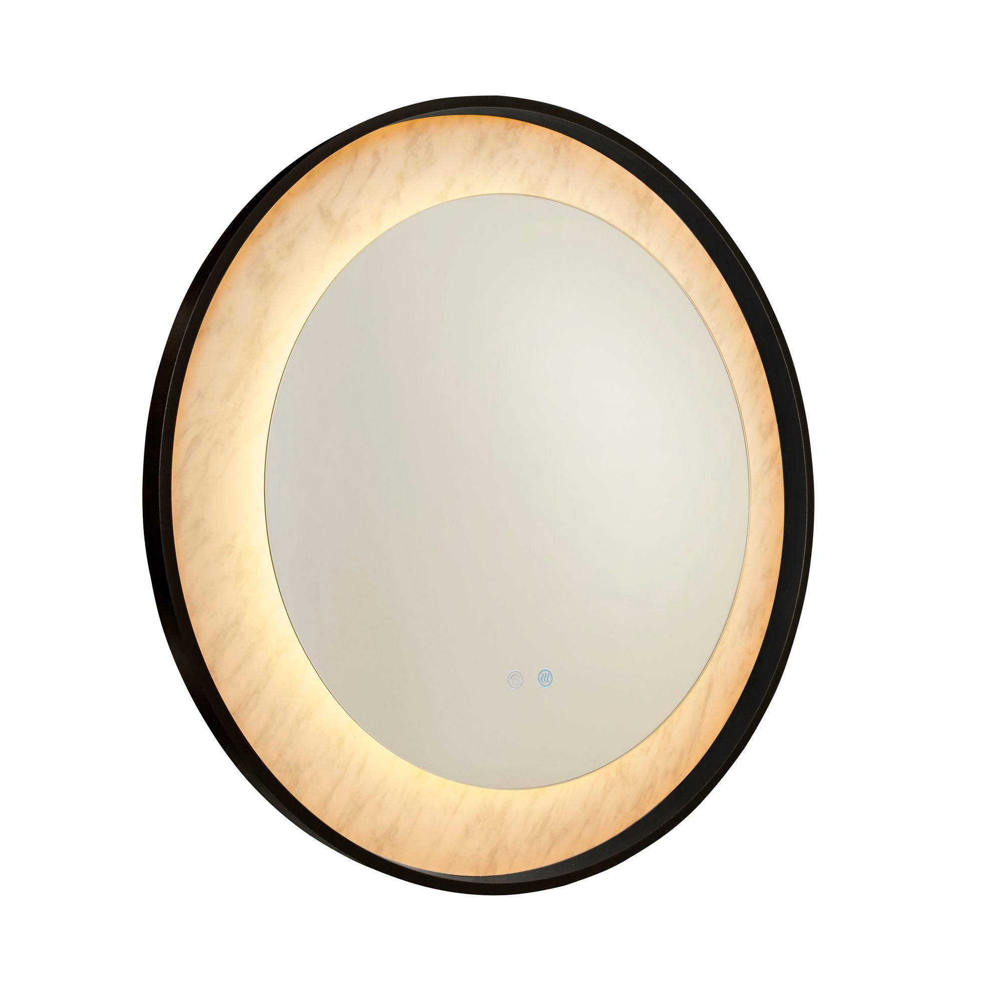 Searchlight Luxo LED mirror in matt black, round frame with the marble effect ring lit in a warm amber glow, angled studio shot on white background