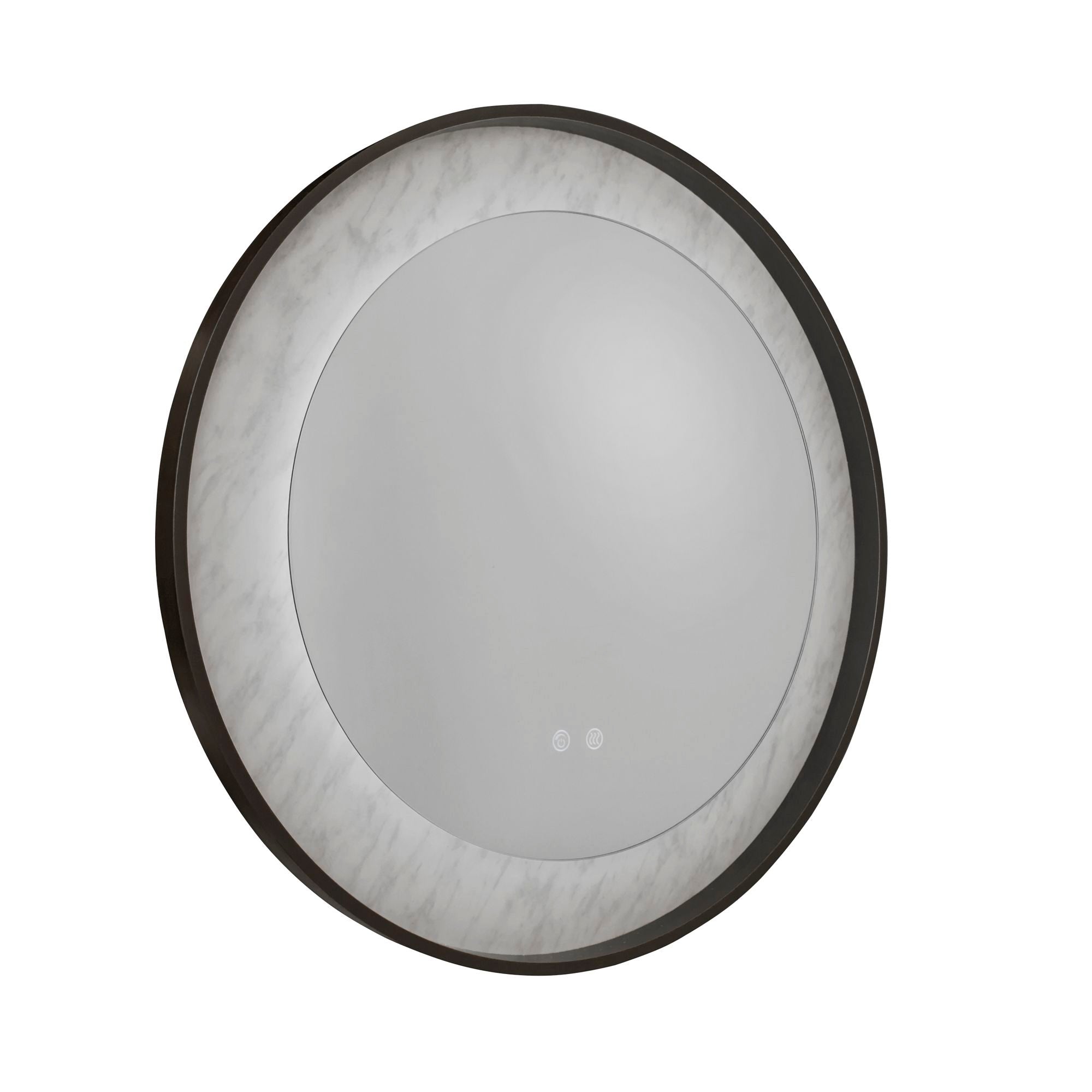 Searchlight Luxo LED mirror in matt black shown unlit, round frame revealing the grey and white marble effect texture of the glass ring