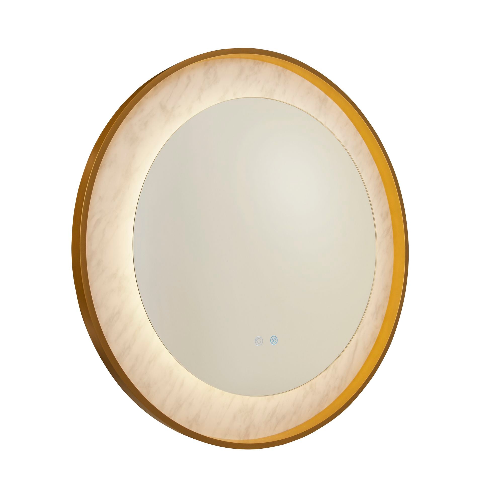 Searchlight Luxo LED mirror in gold, round frame with the marble effect ring lit in a warm amber glow, angled studio shot on white background