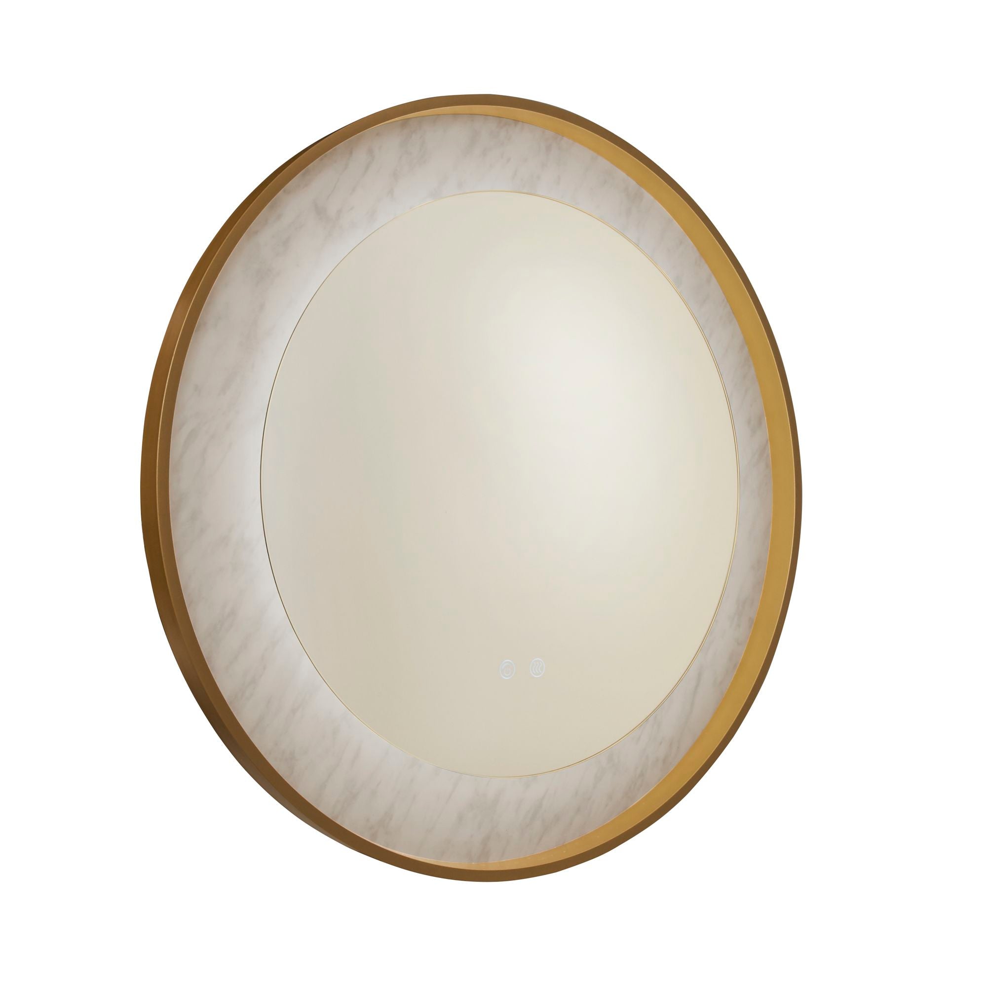 Searchlight Luxo LED mirror in gold shown unlit, round frame revealing the grey and white marble effect texture of the glass ring