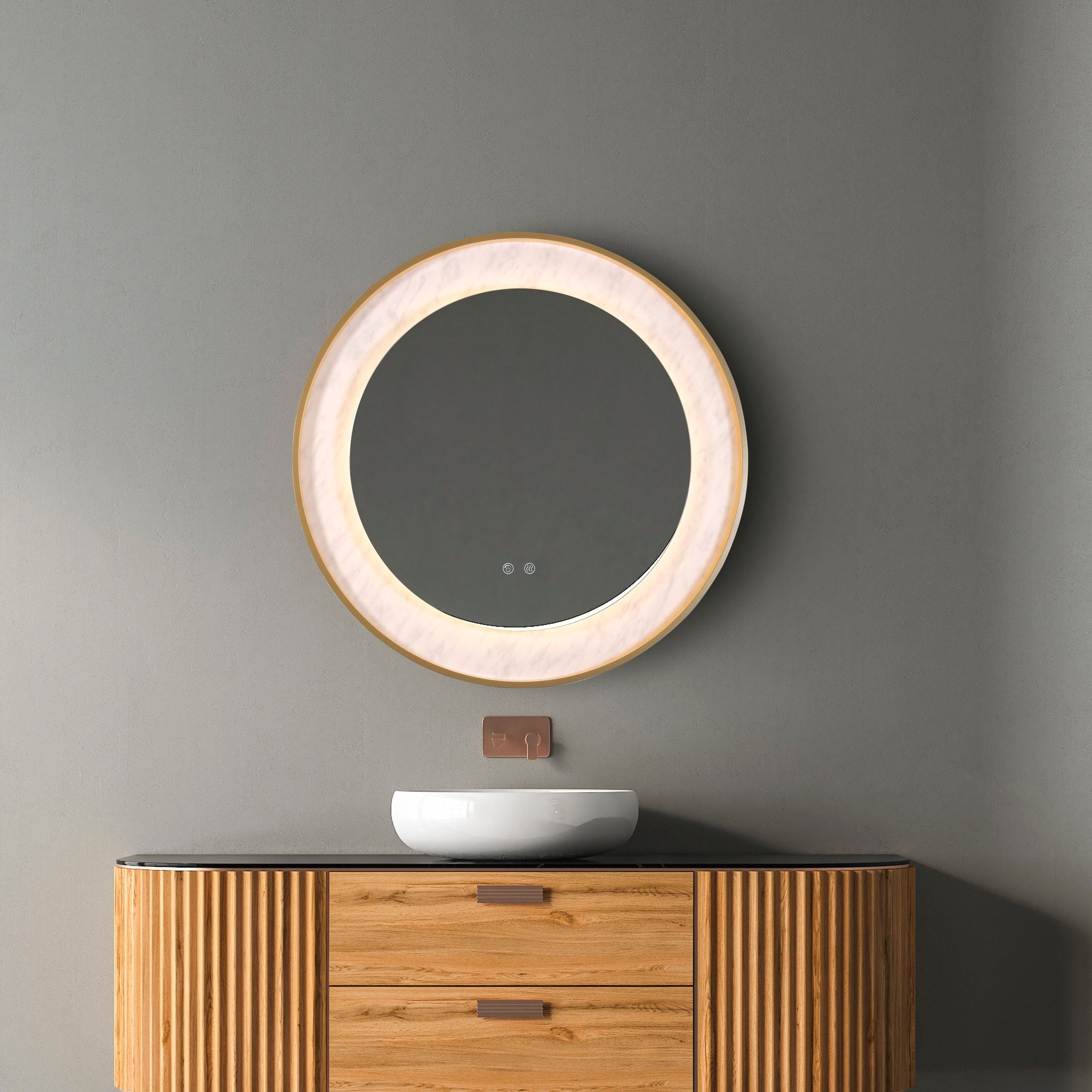 Searchlight Luxo LED mirror in gold styled above a round vessel sink in a dark grey bathroom, marble effect ring lit