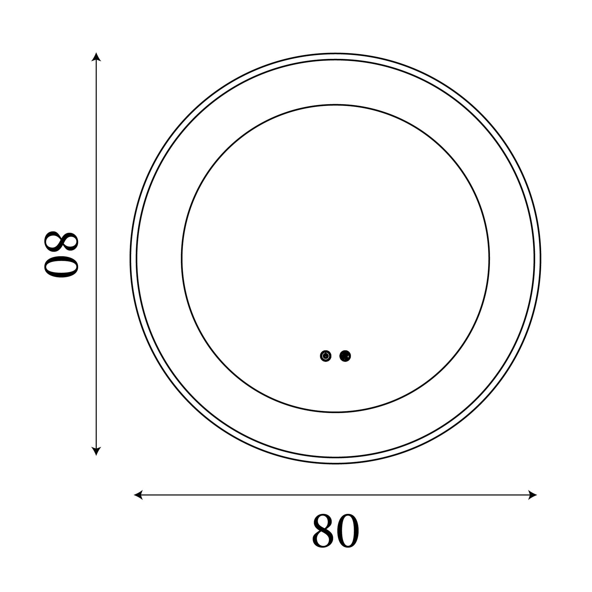Line drawing of the Searchlight Luxo mirror showing an 80cm diameter and the position of the touch controls at the bottom of the glass