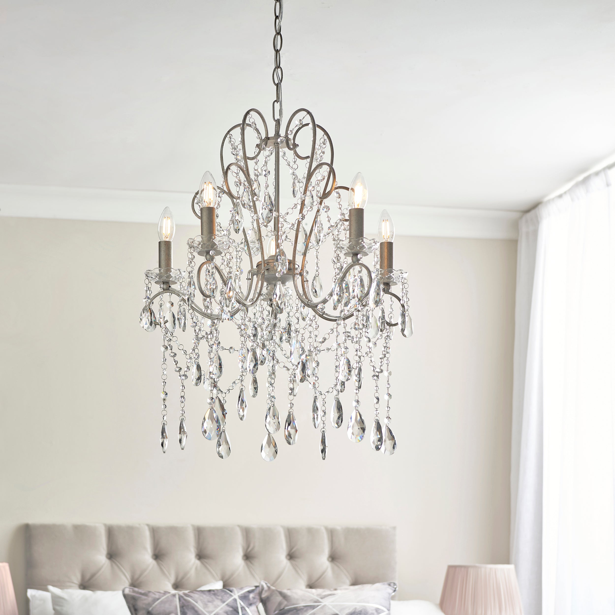 Endon Berkley 5 Light Chandelier - Aged Silver & Crystal Glass