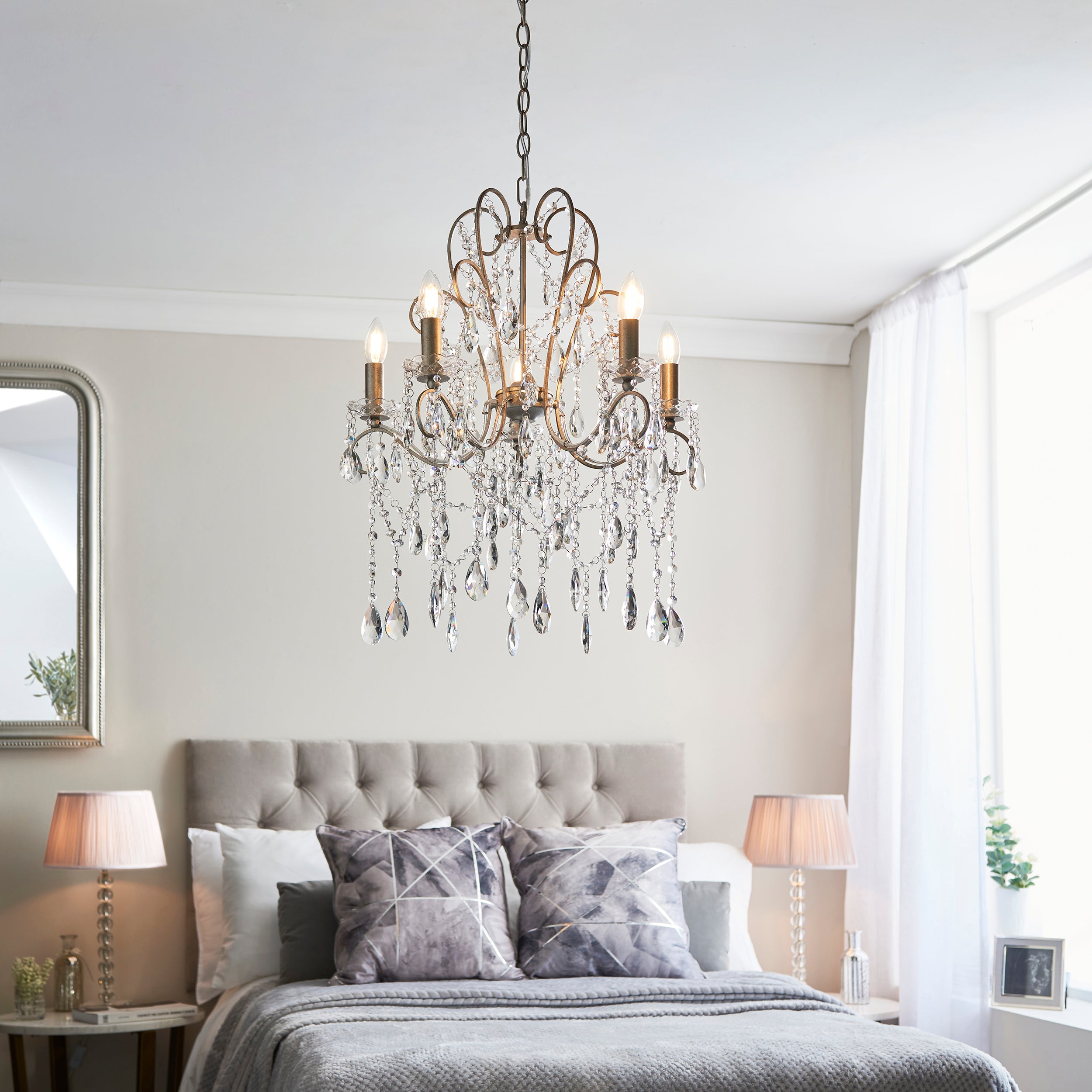 Endon Berkley 5 Light Chandelier - Aged Silver & Crystal Glass