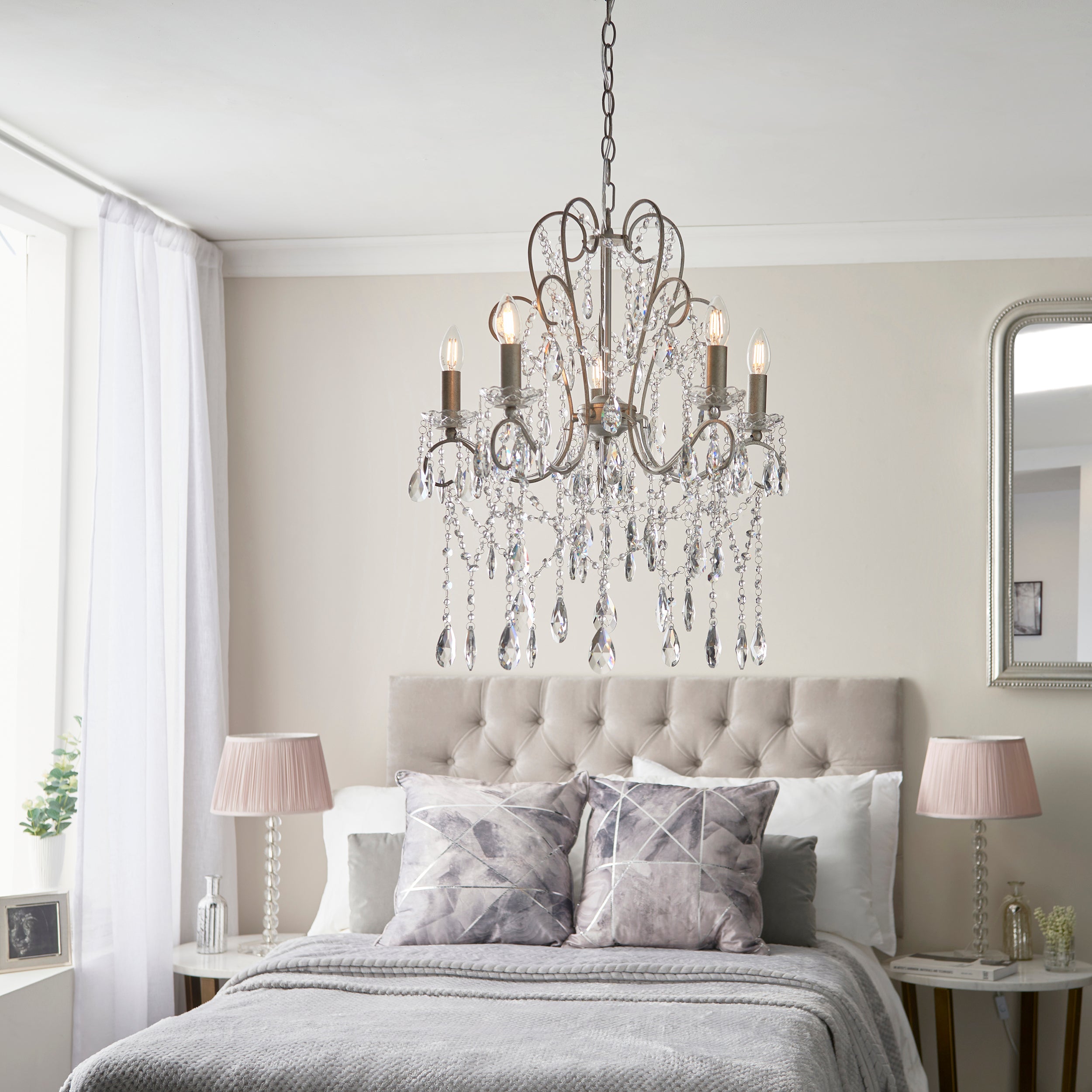 Endon Berkley 5 Light Chandelier - Aged Silver & Crystal Glass