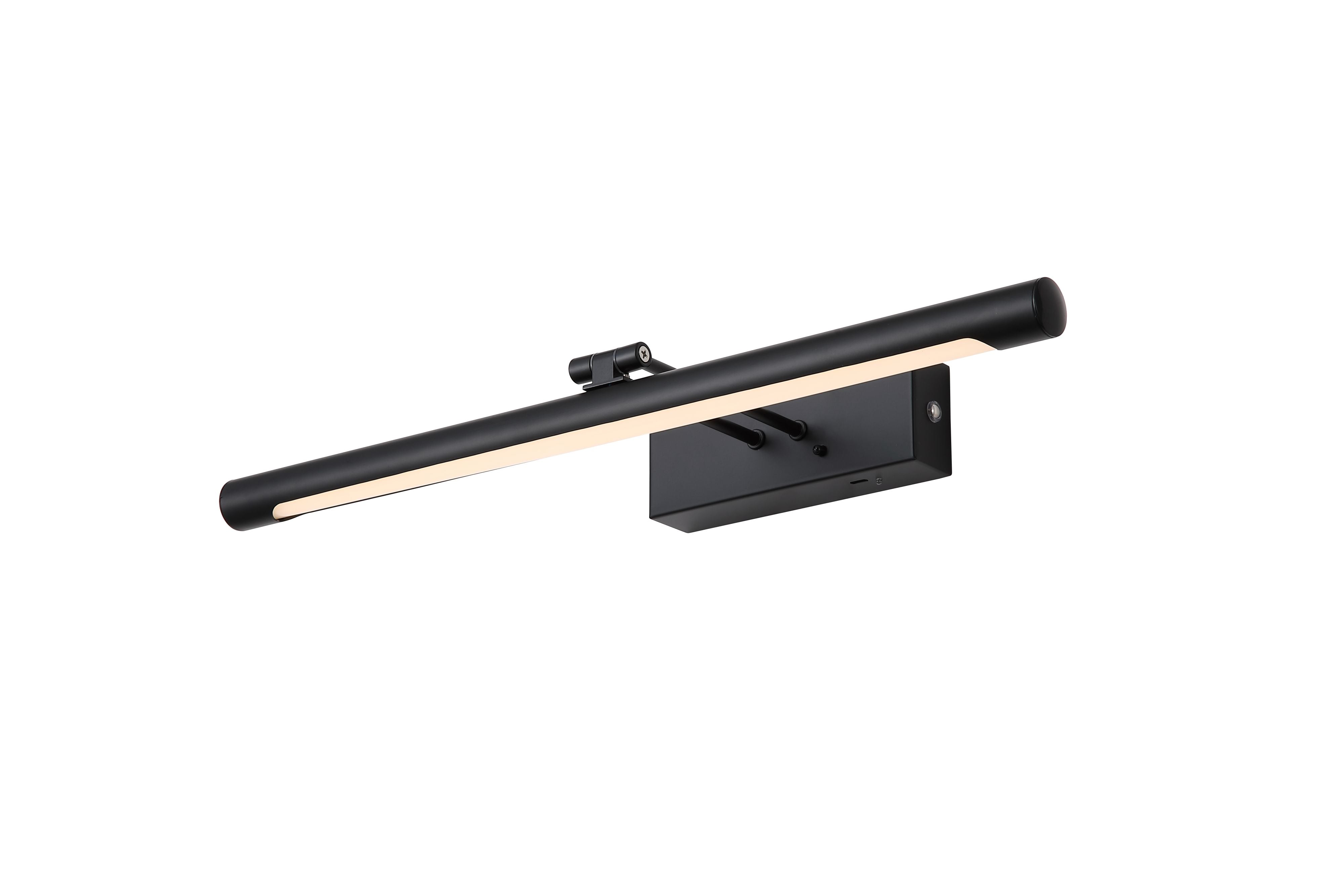 Holton matt black rechargeable wall lamp, angled studio shot with the LED bar lit, showing the rectangular housing and adjustable end tube