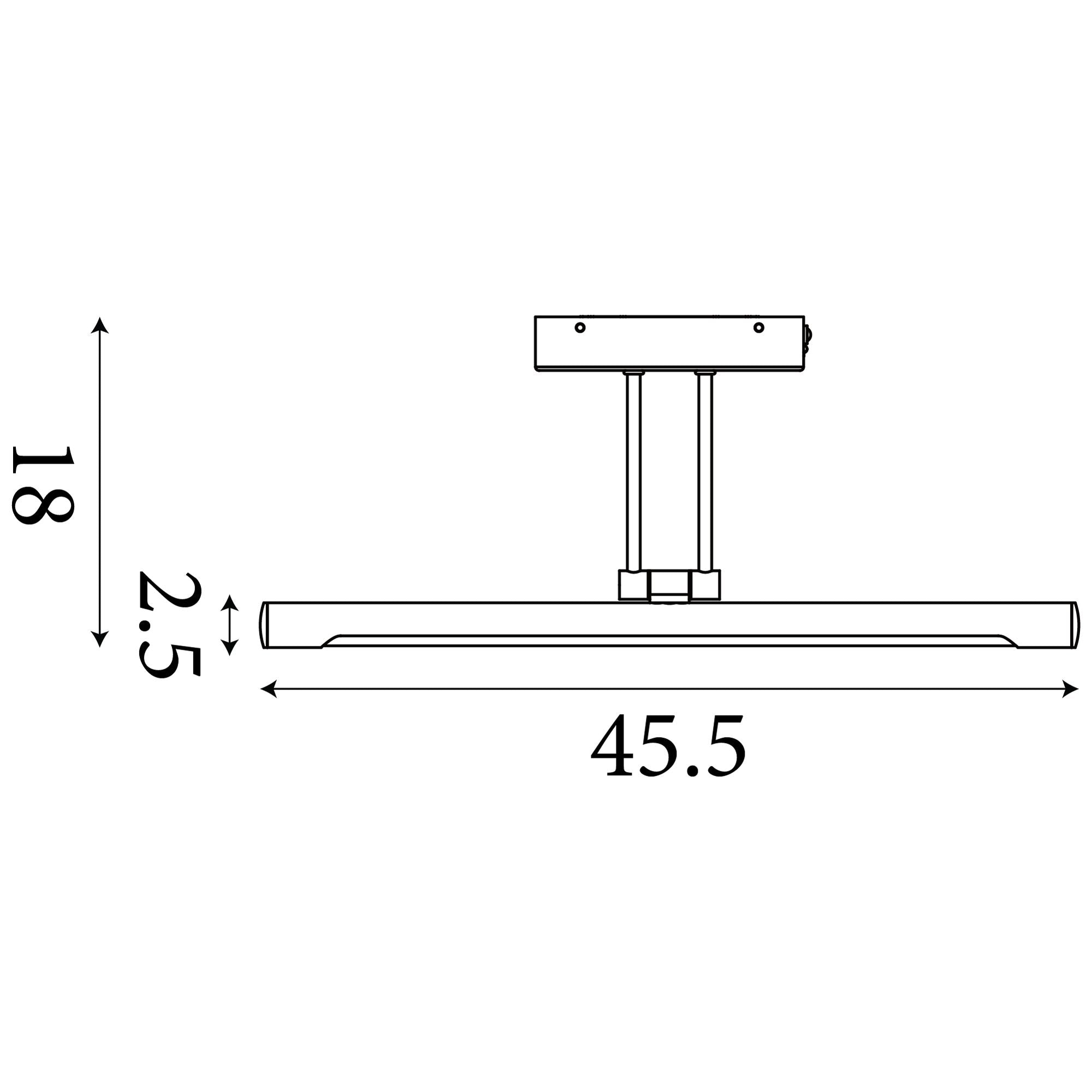 Line drawing of the Holton wall lamp showing its dimensions of 45.5cm wide by 18cm drop and a 2.5cm diameter light bar