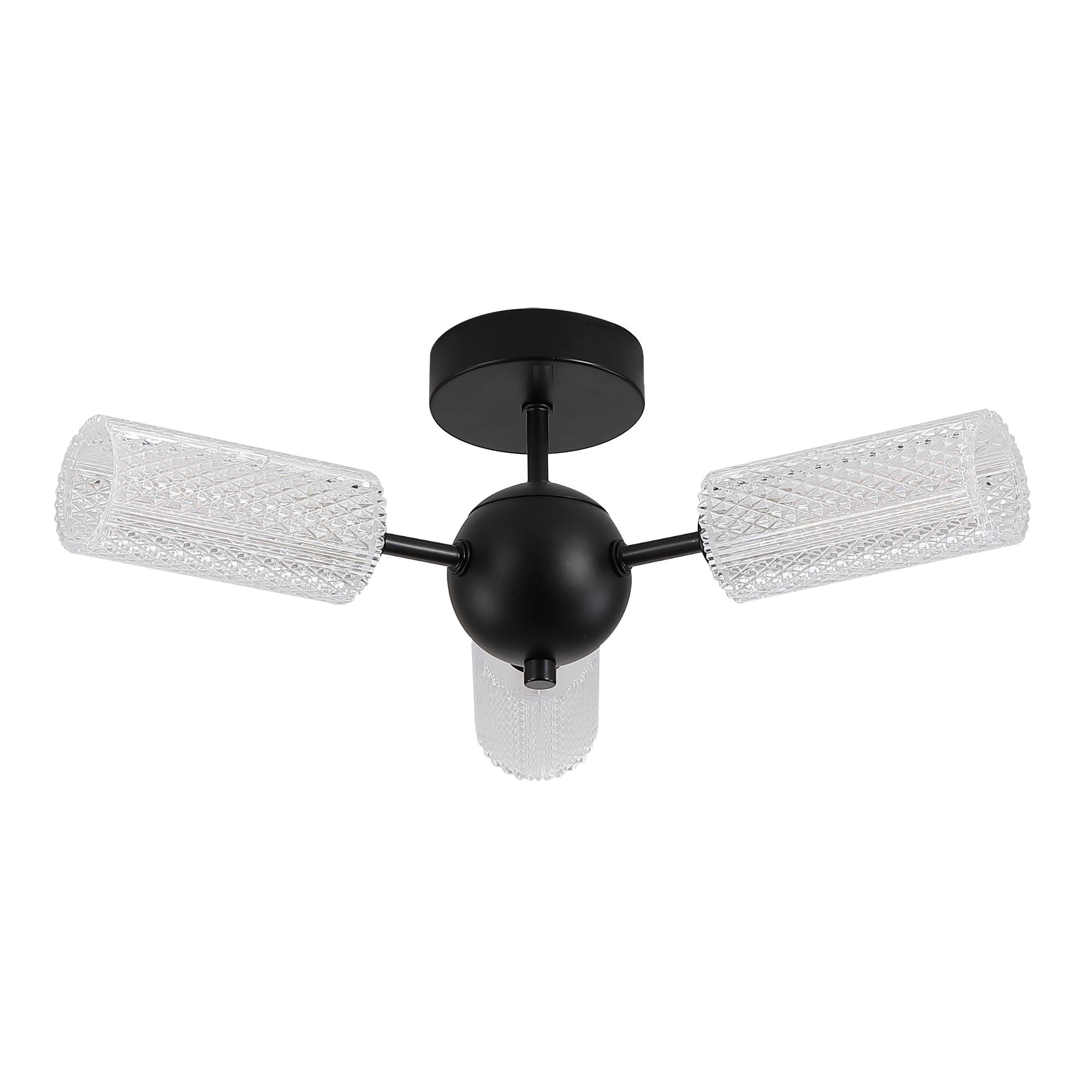 Searchlight Cosmic 3 light semi flush ceiling light in black, alternate angle studio shot showing the three acrylic shades