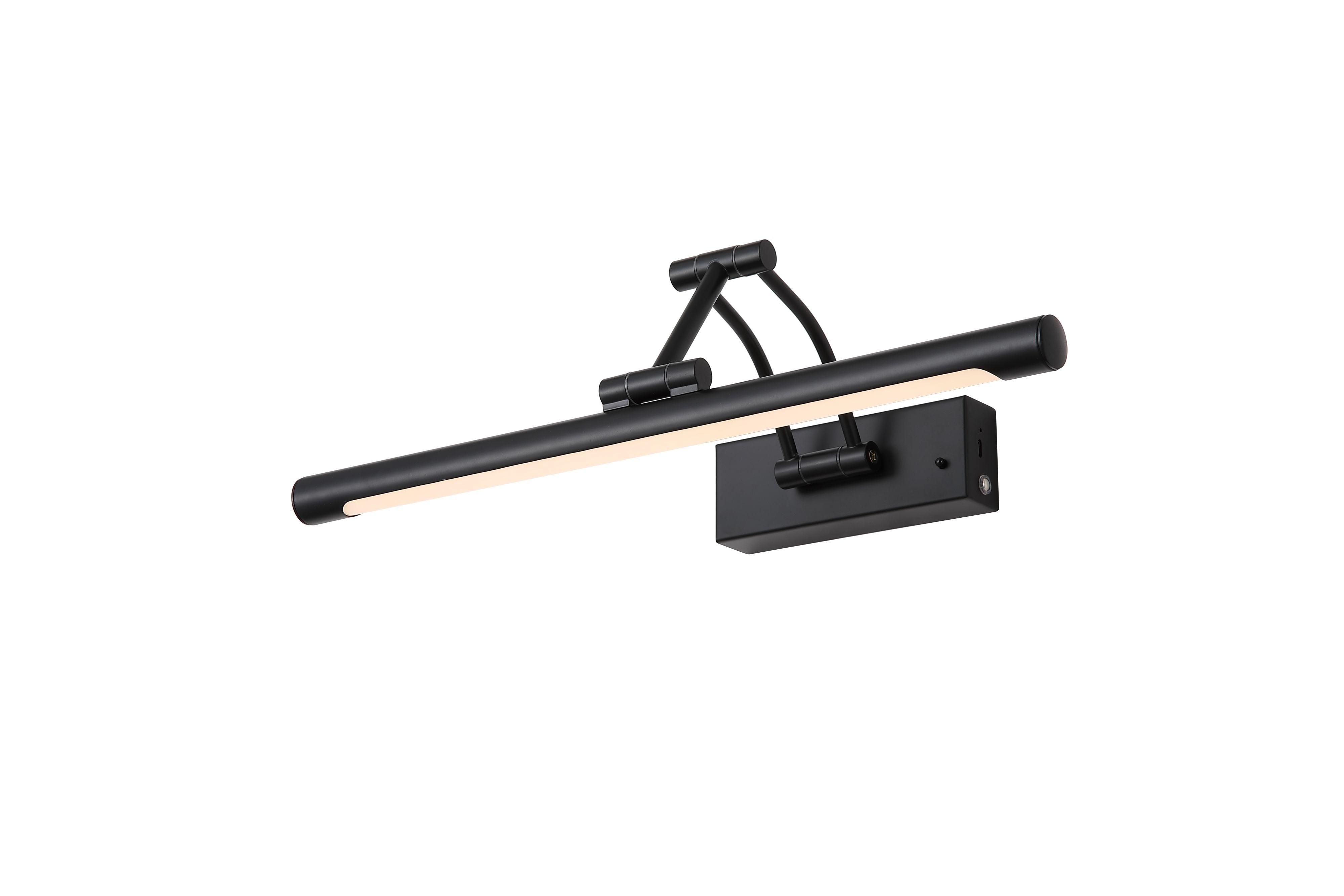 Herron matt black rechargeable wall lamp, angled studio shot with the LED bar lit, showing the curved twin arm mounting bracket