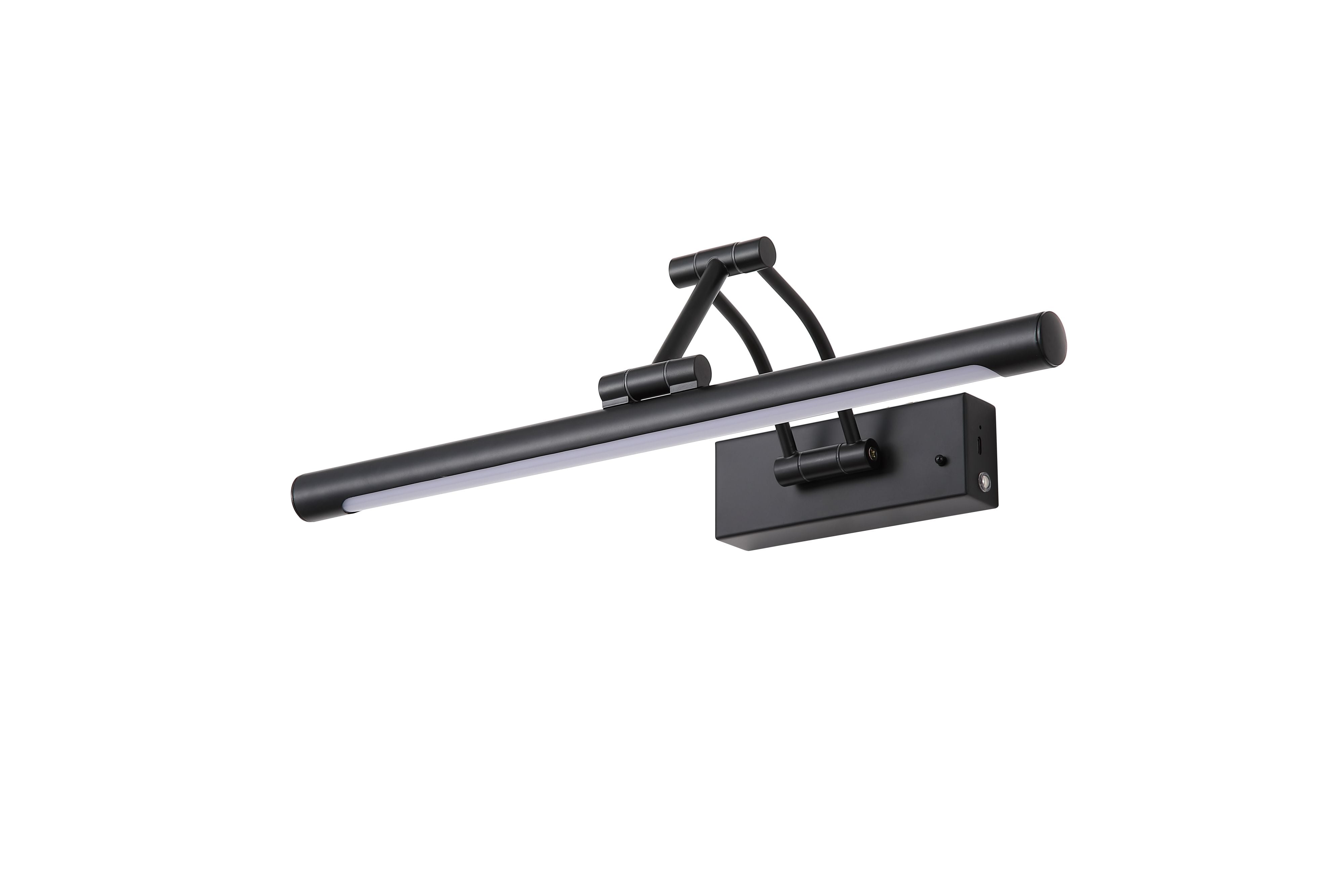 Herron matt black rechargeable wall lamp, angled studio shot showing the rectangular housing and curved bracket from the opposite side