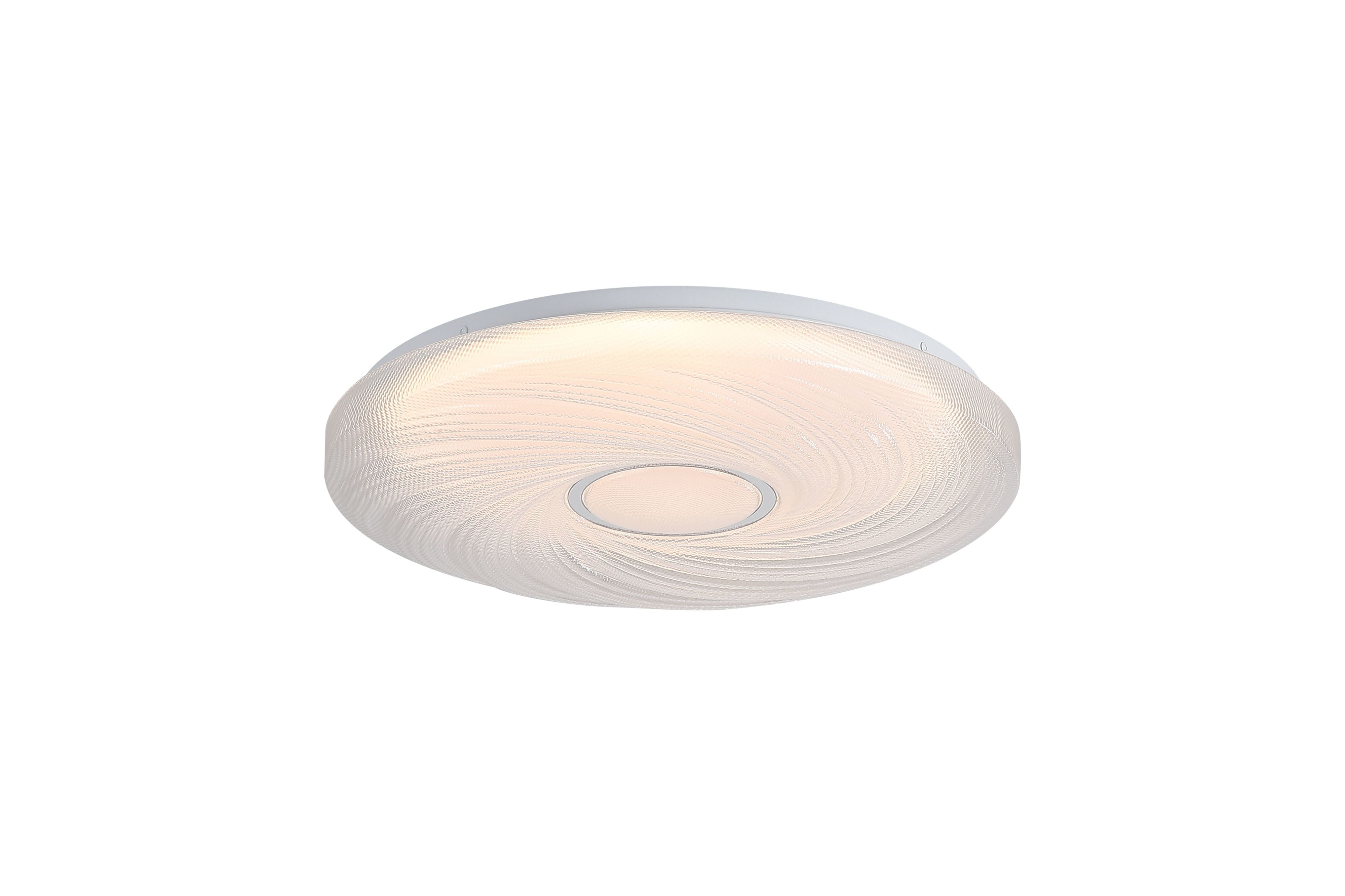 Searchlight Aura LED flush ceiling light in white, angled studio shot showing the spiral textured acrylic diffuser lit from within