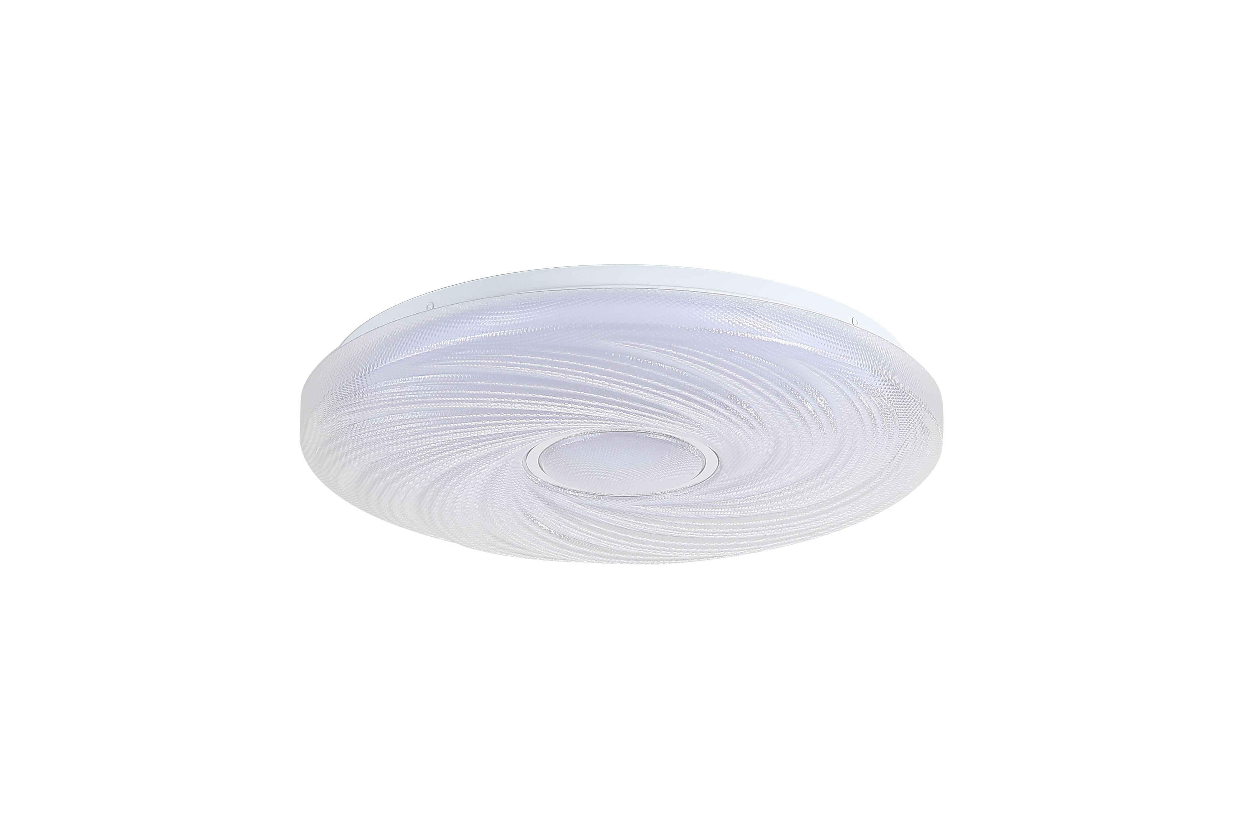 Searchlight Aura LED flush ceiling light in white, front angled view of the swirling textured diffuser illuminated