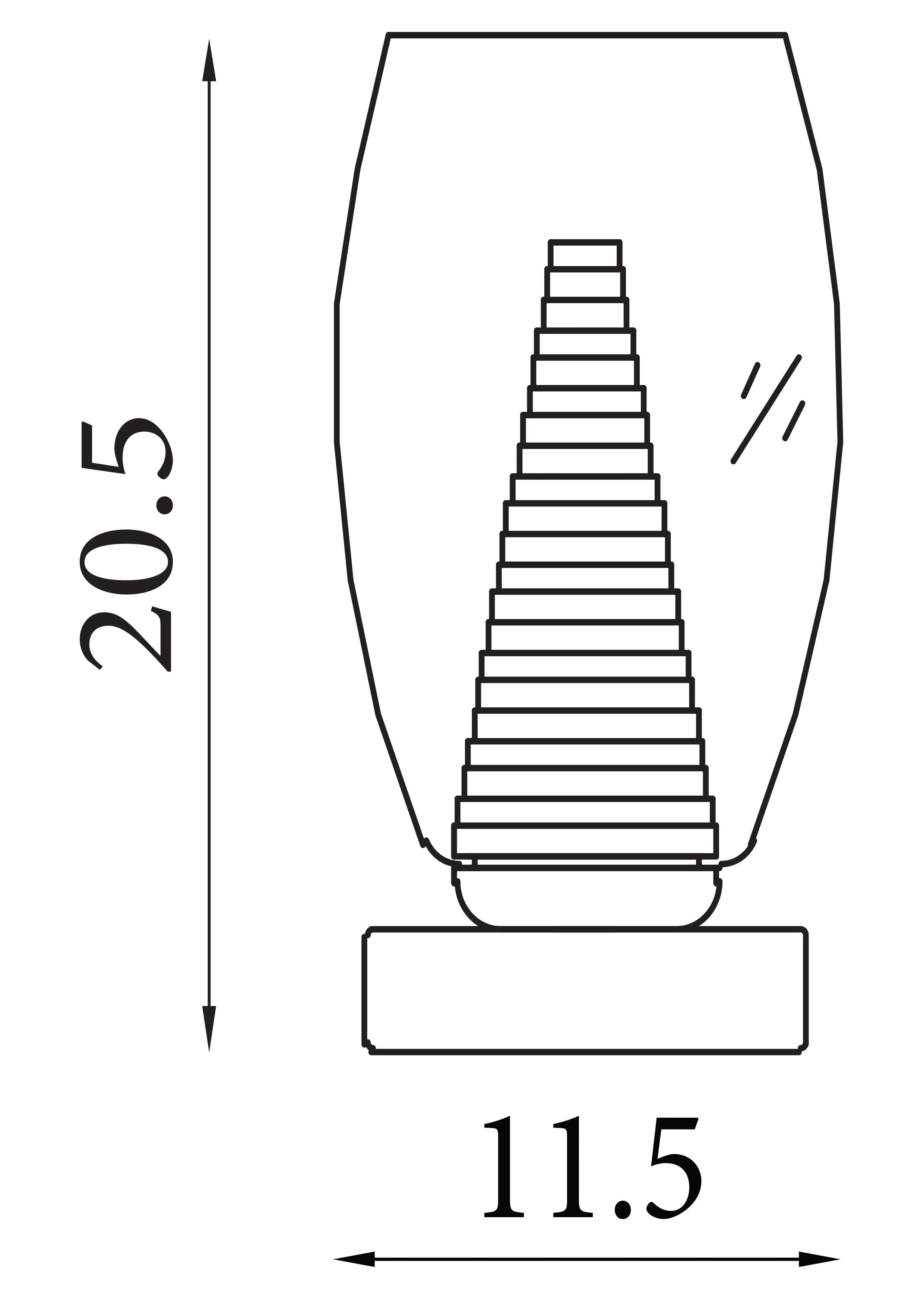 Technical line drawing of the Cyclone table lamp showing dimensions of 20.5cm height and 11.5cm width