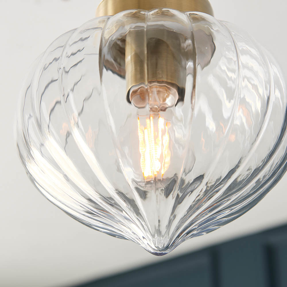 Endon Addington Single Light Semi Flush - Antique Brass Plate & Clear Ribbed Glass