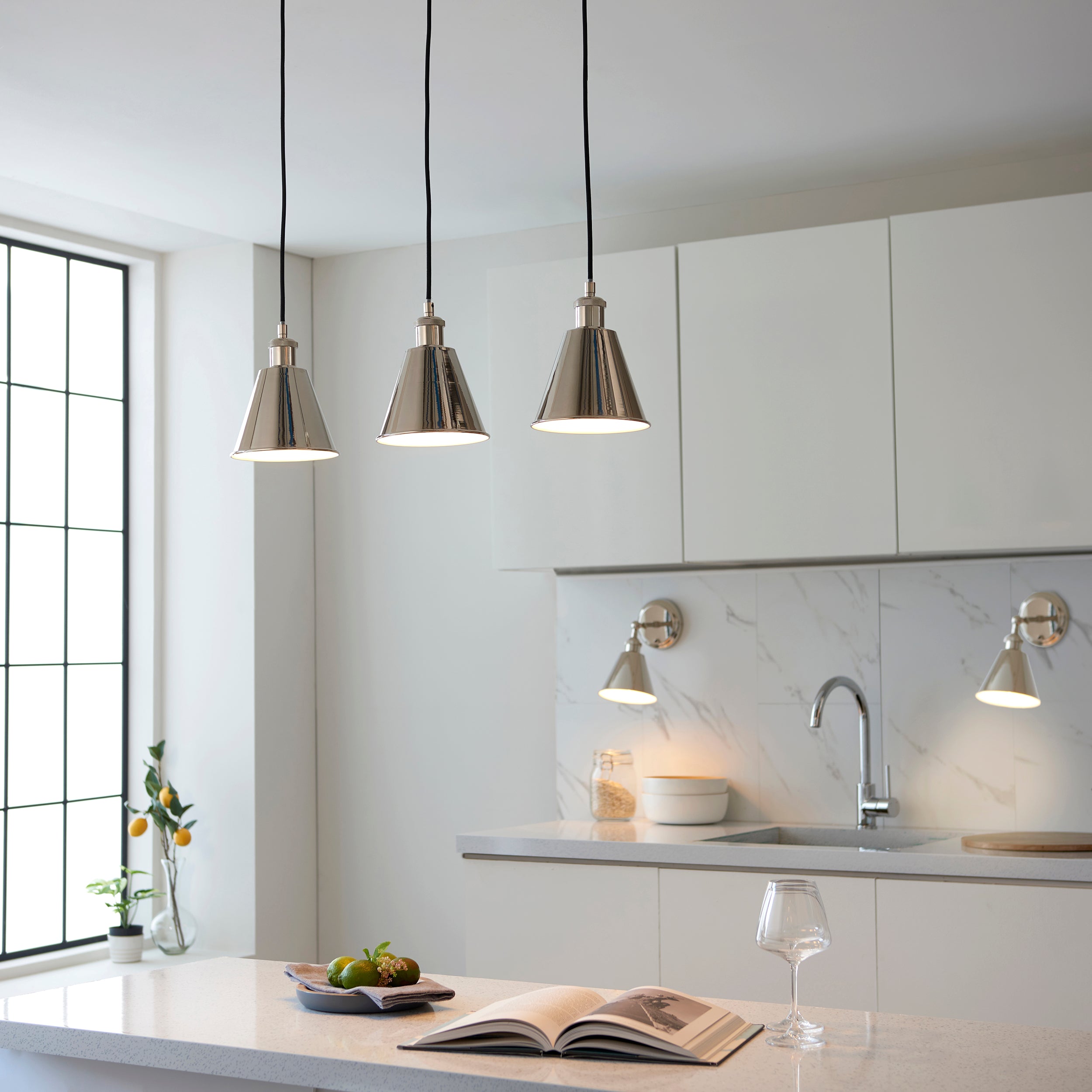 Endon Hal 3 Light Linear Pendant - Bright Nickel & Satin White
