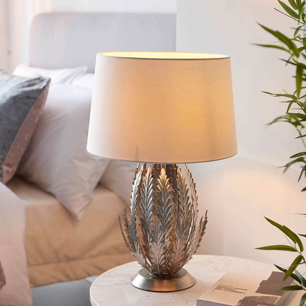 Endon Delphine Single Light Table Lamp -  Silver Leaf & Ivory Cotton Fabric