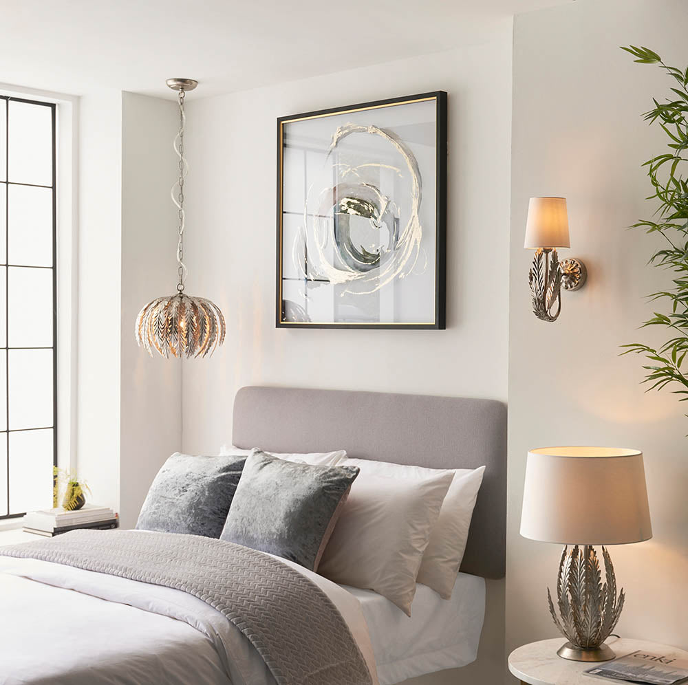 Endon Delphine Single Light Table Lamp -  Silver Leaf & Ivory Cotton Fabric