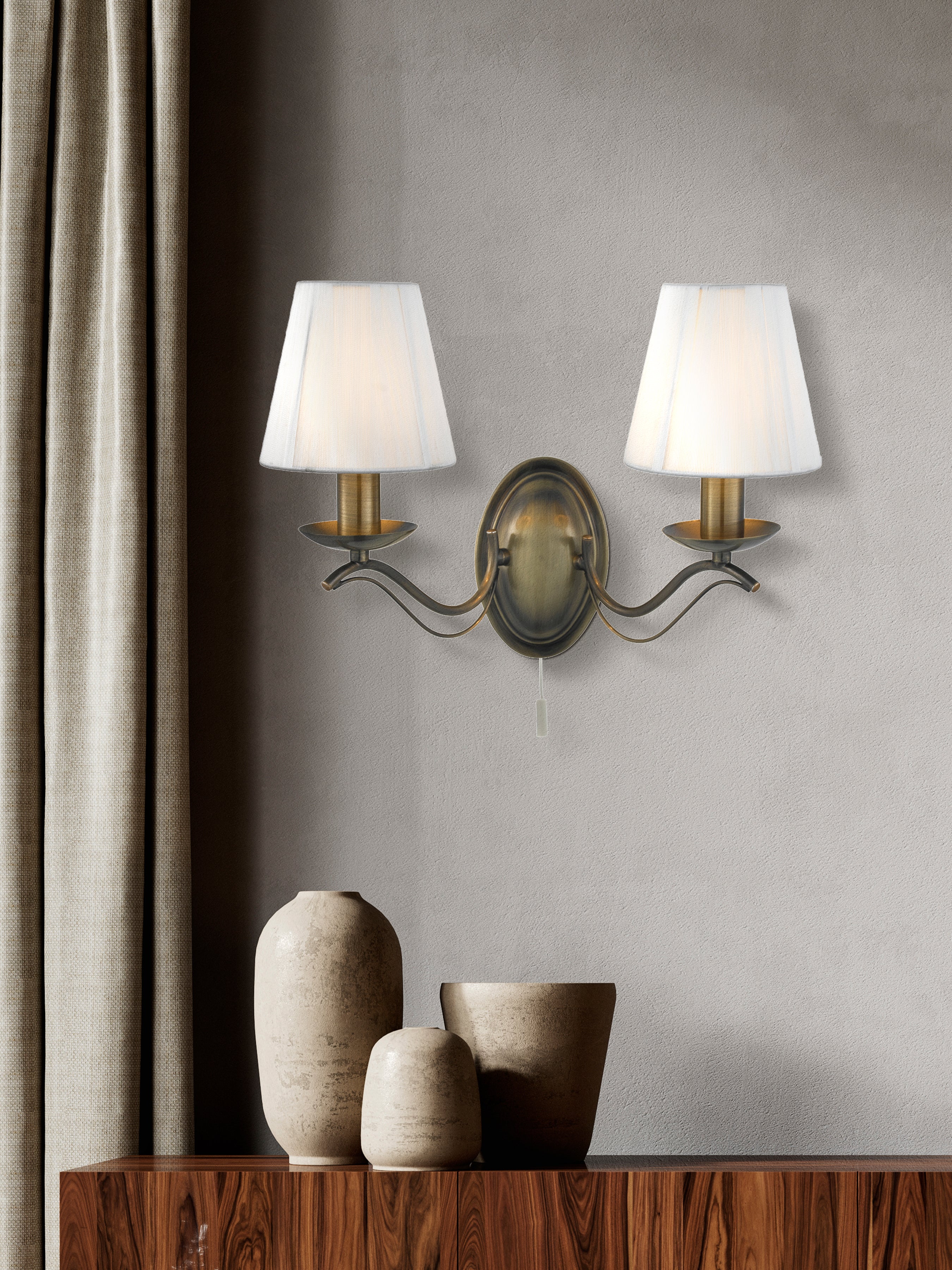 Searchlight Althorp 2 Light Wall Light - Antique Brass & Ivory String Fabric