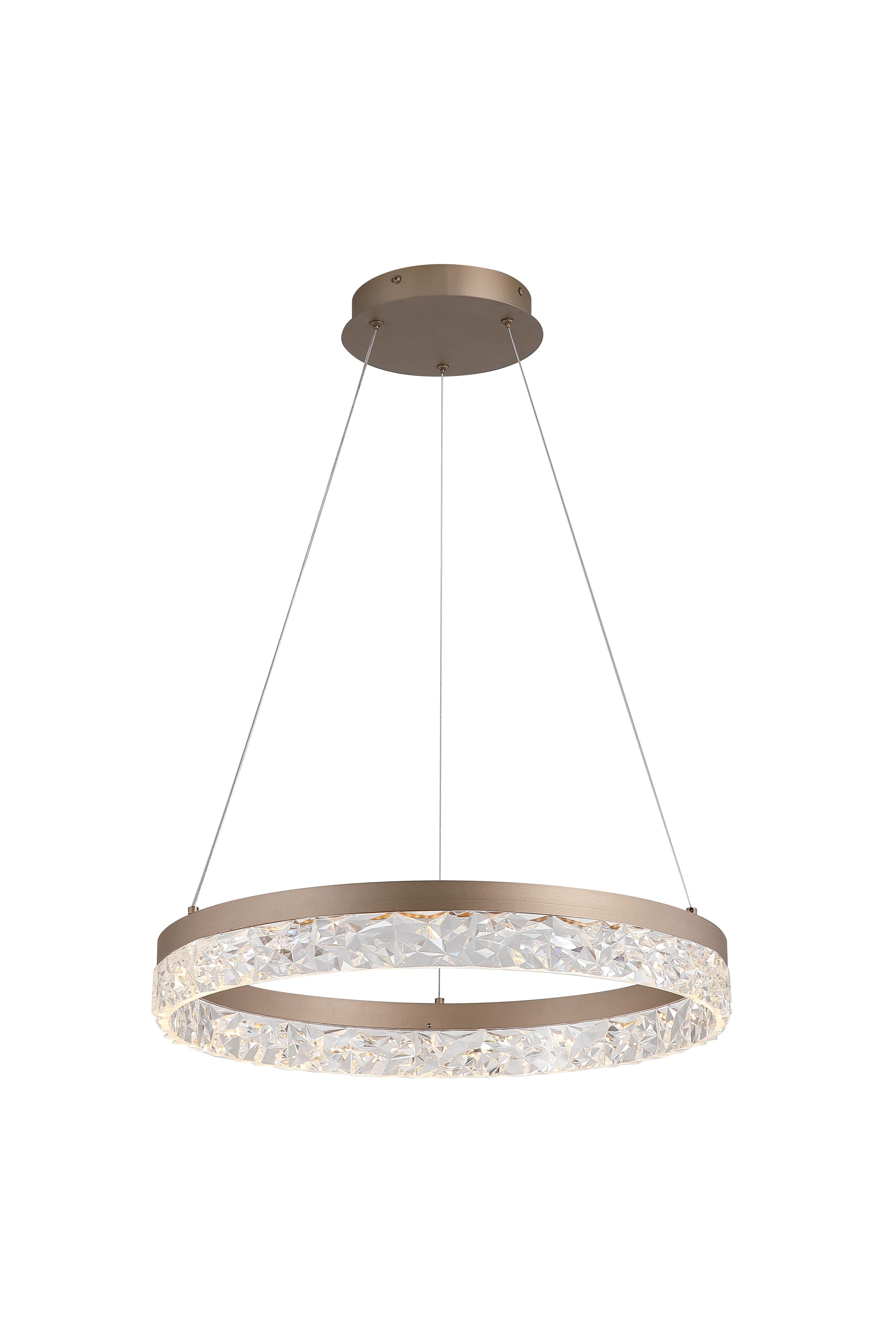 Searchlight Maddie LED round pendant in latte metal, front view showing the faceted acrylic ring suspended on three thin cables