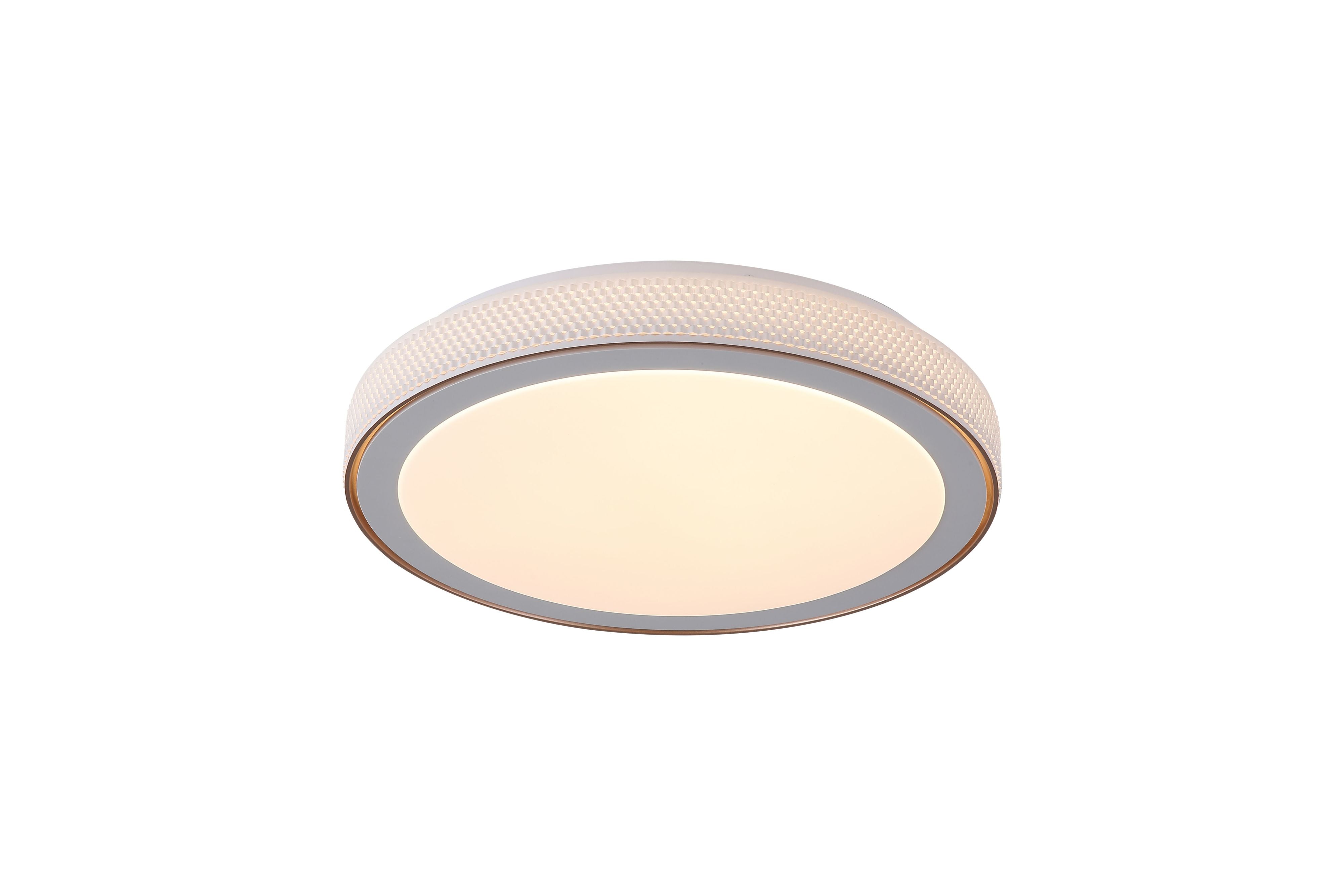 Searchlight Galactic Round LED flush ceiling light in white and gold, angled studio shot showing the textured outer band and opal diffuser