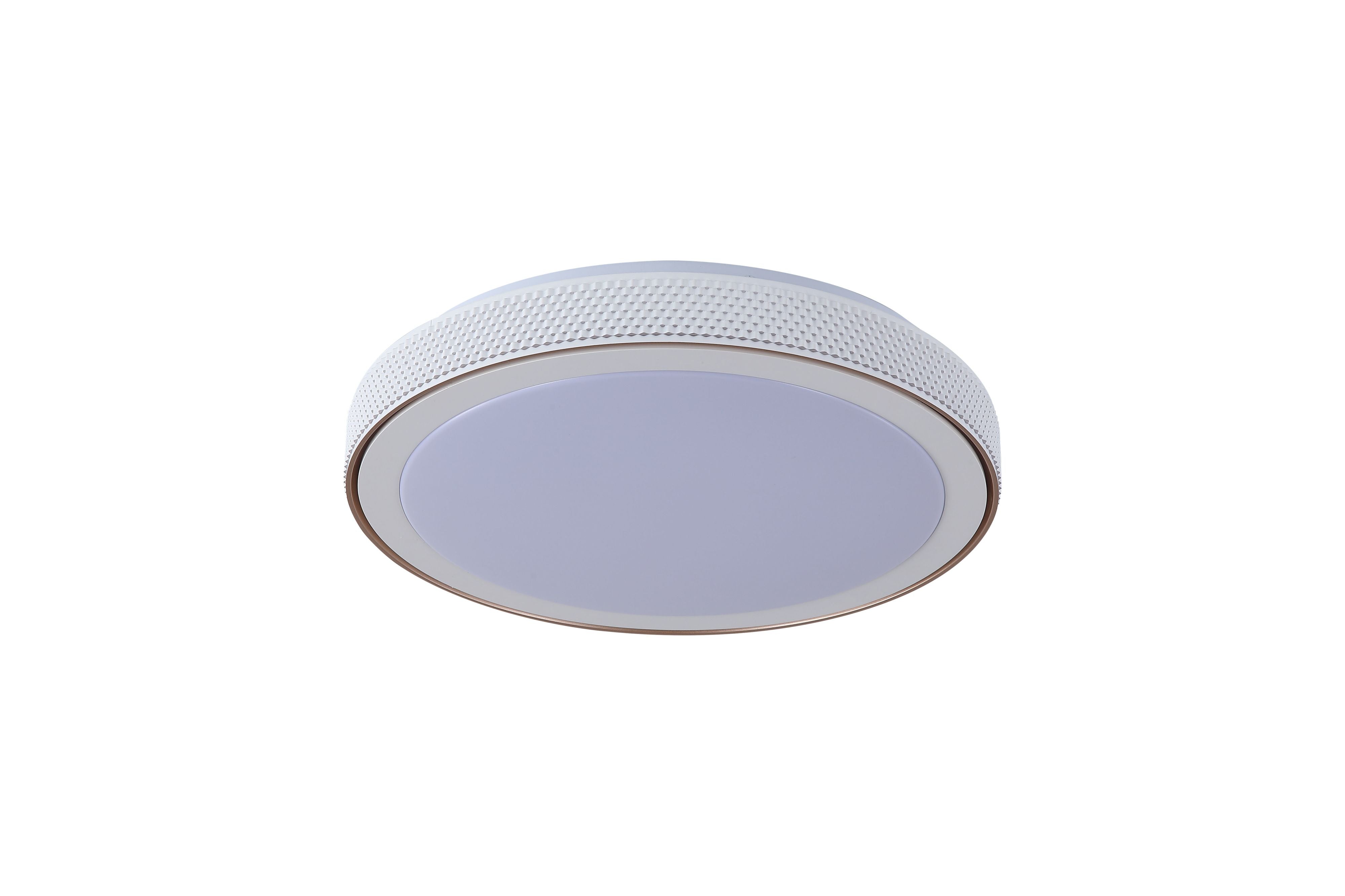 Searchlight Galactic Round LED flush ceiling light in white and gold, straight on studio shot showing the knurled texture and gold trim line