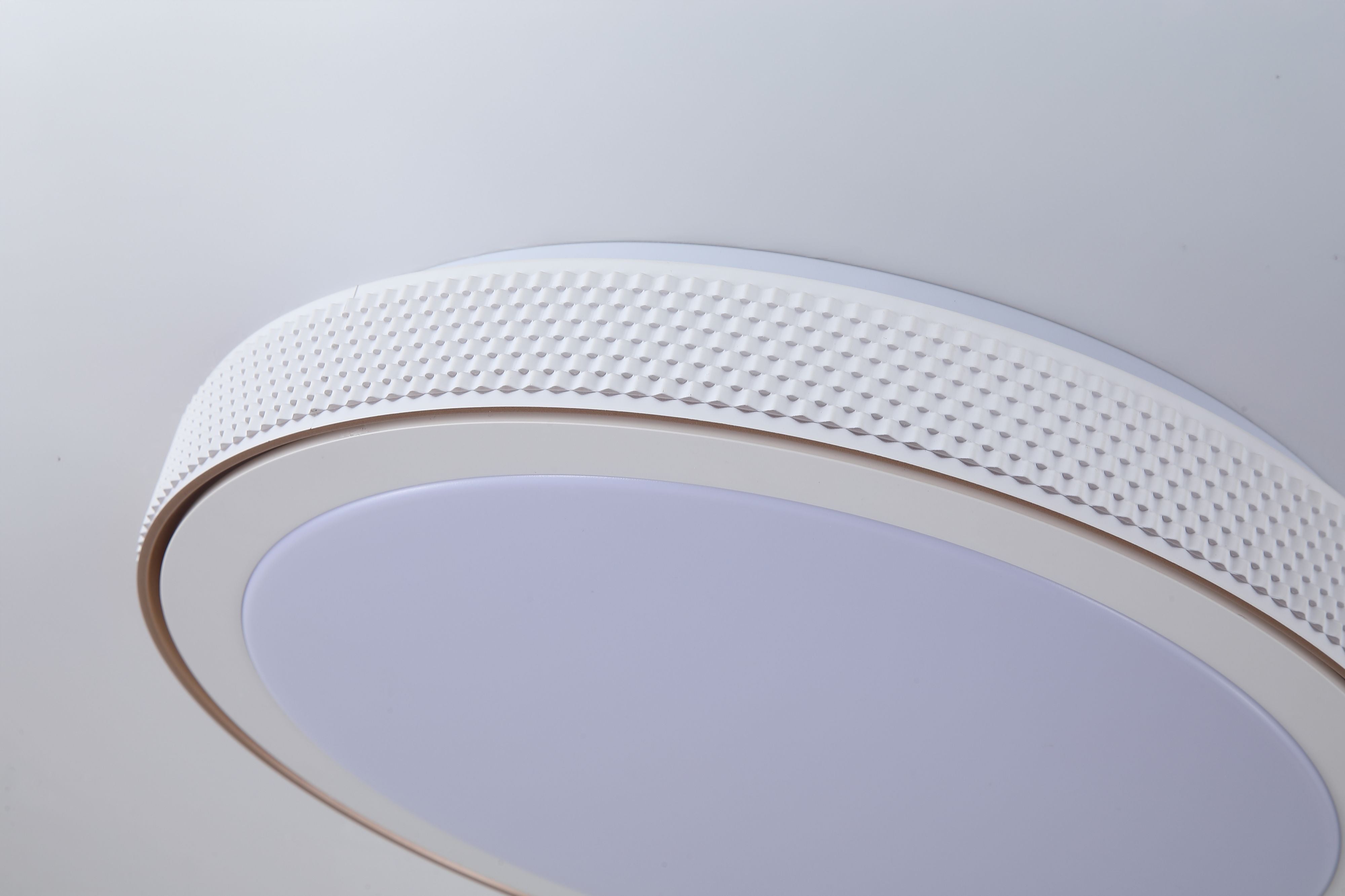 Close up of the Galactic Round flush ceiling light edge, showing the fine textured outer band and slim gold trim against the opal diffuser