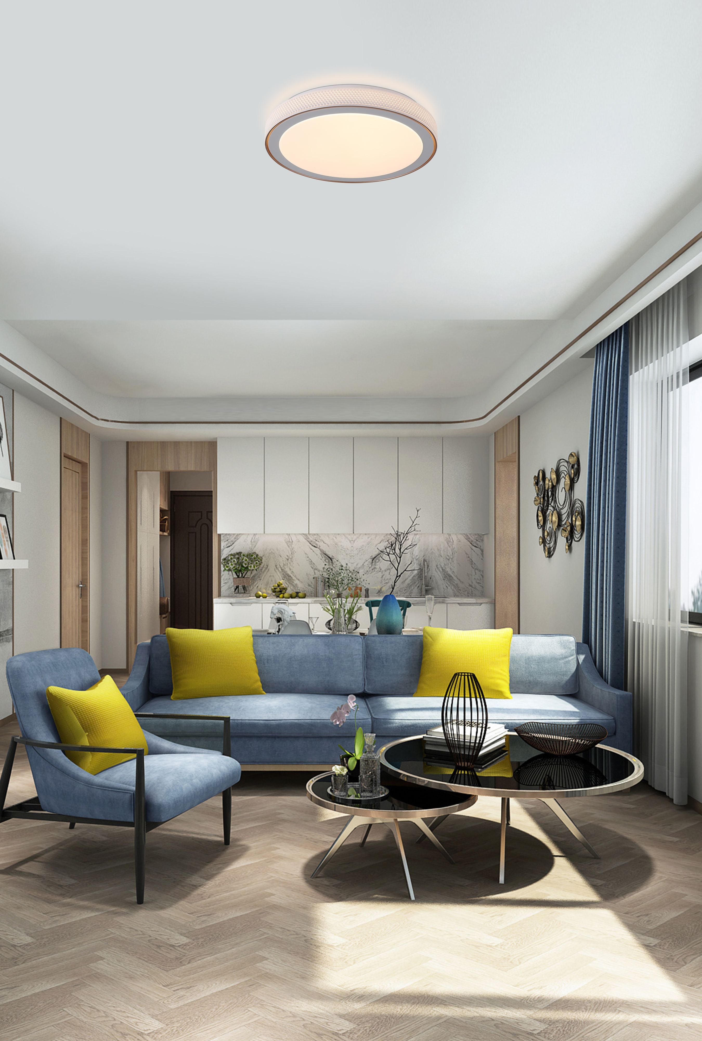 Searchlight Galactic Round LED flush ceiling light in white and gold, styled on the ceiling of a living room with a blue sofa and yellow cushions