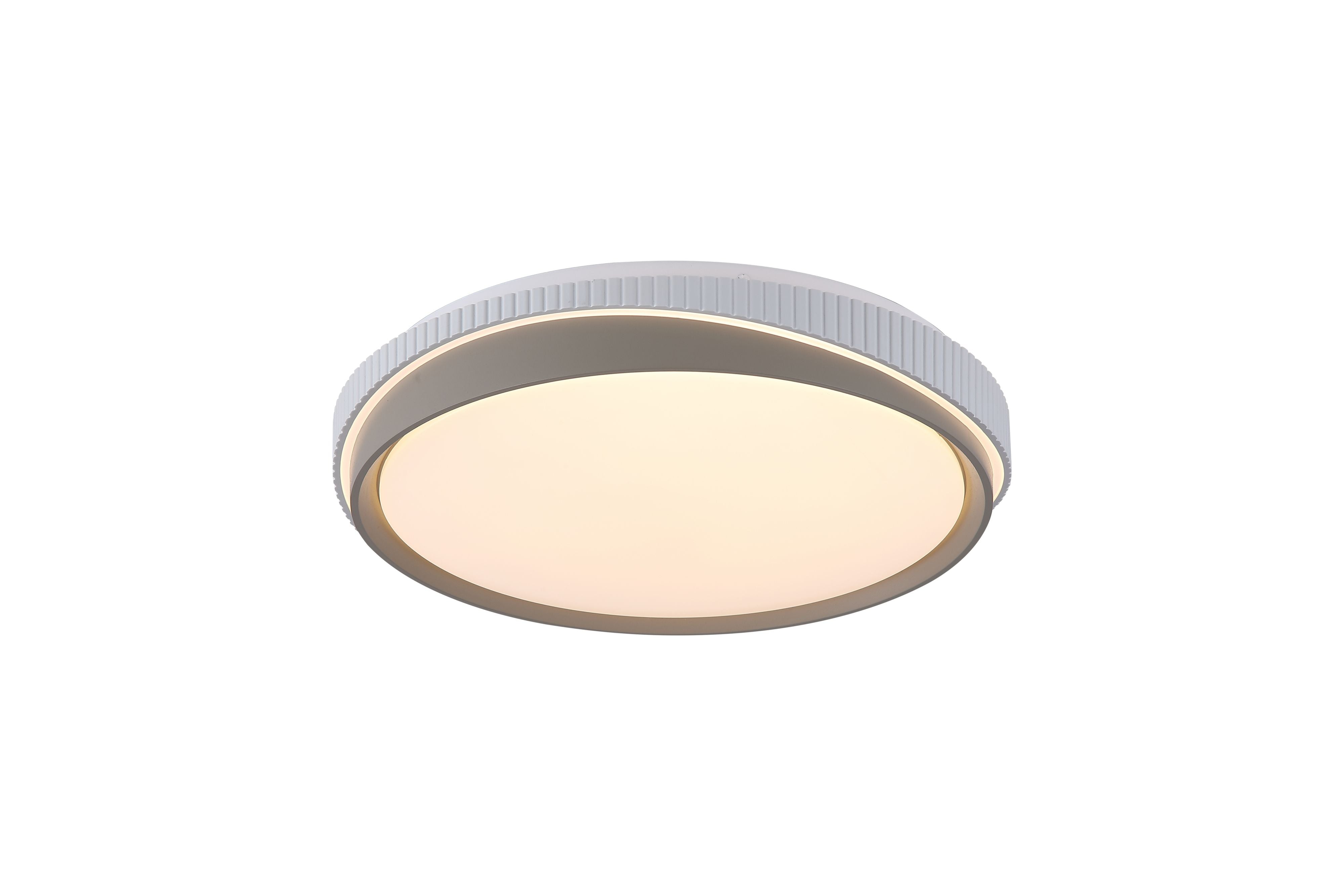 Searchlight Galactic Round LED flush ceiling light 2 Tone in white and gold, angled studio shot showing the fluted white outer disc and gold inner ring