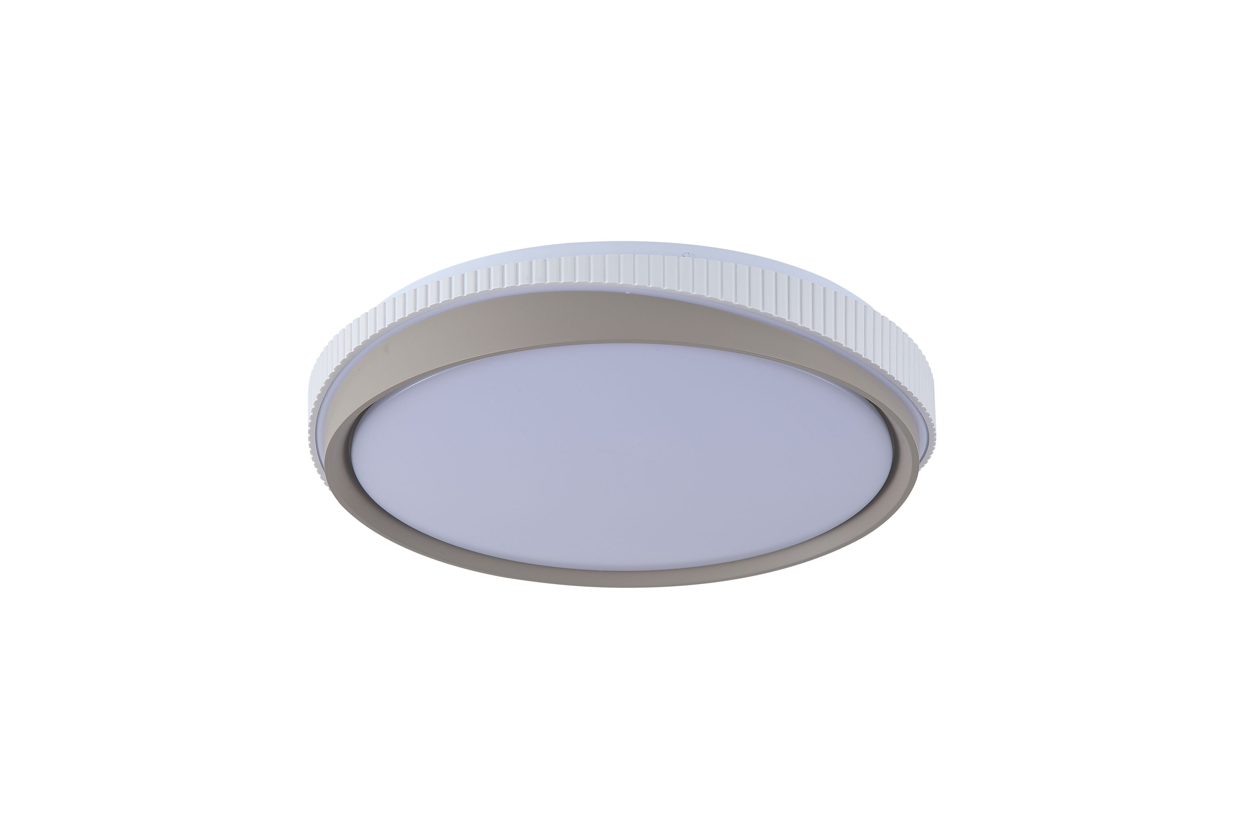 Searchlight Galactic Round LED flush ceiling light 2 Tone in white and gold, straight on studio shot showing the ridged edge and gold ring around the diffuser