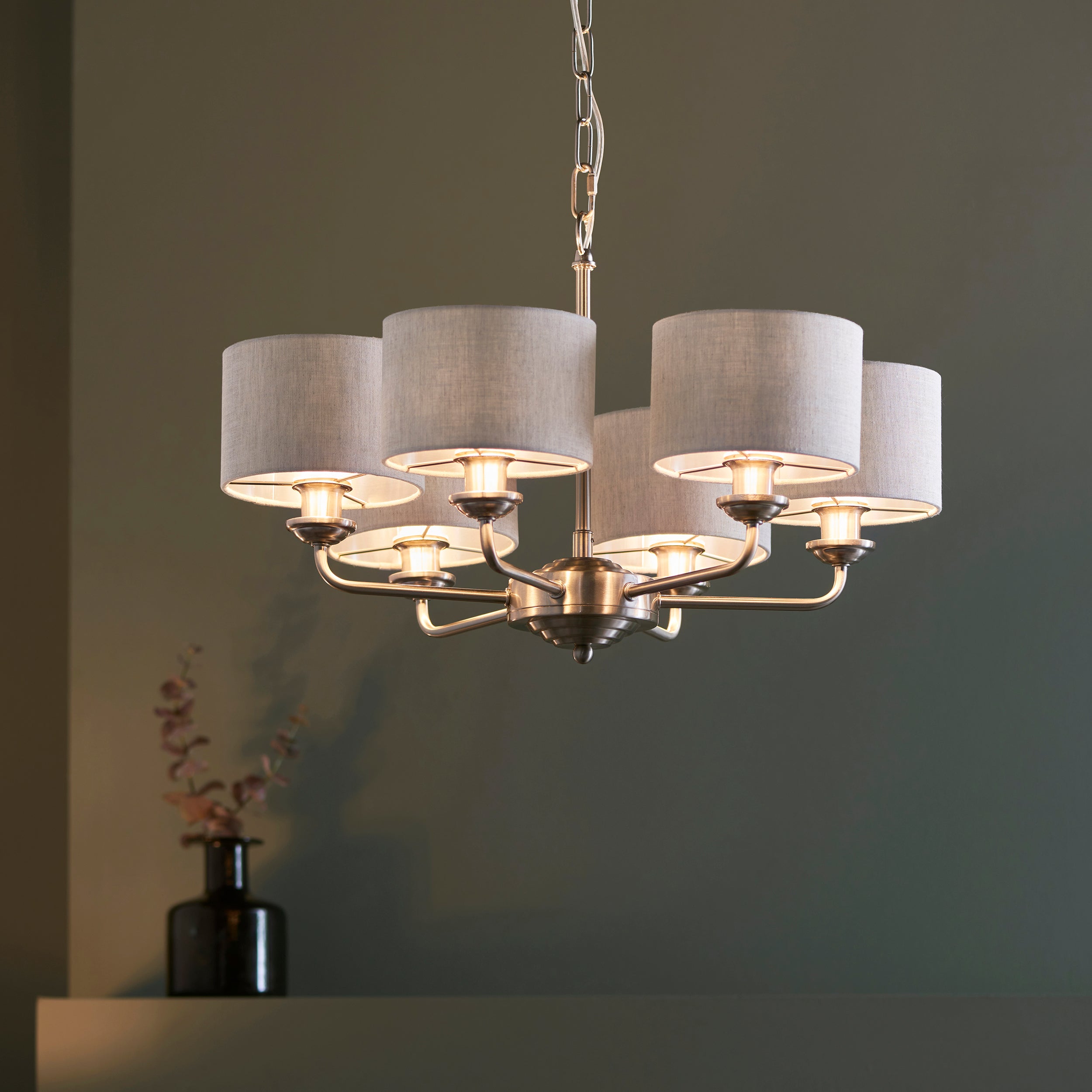 Endon Highclere 6 Light Pendant - Brushed Chrome & Natural Linen