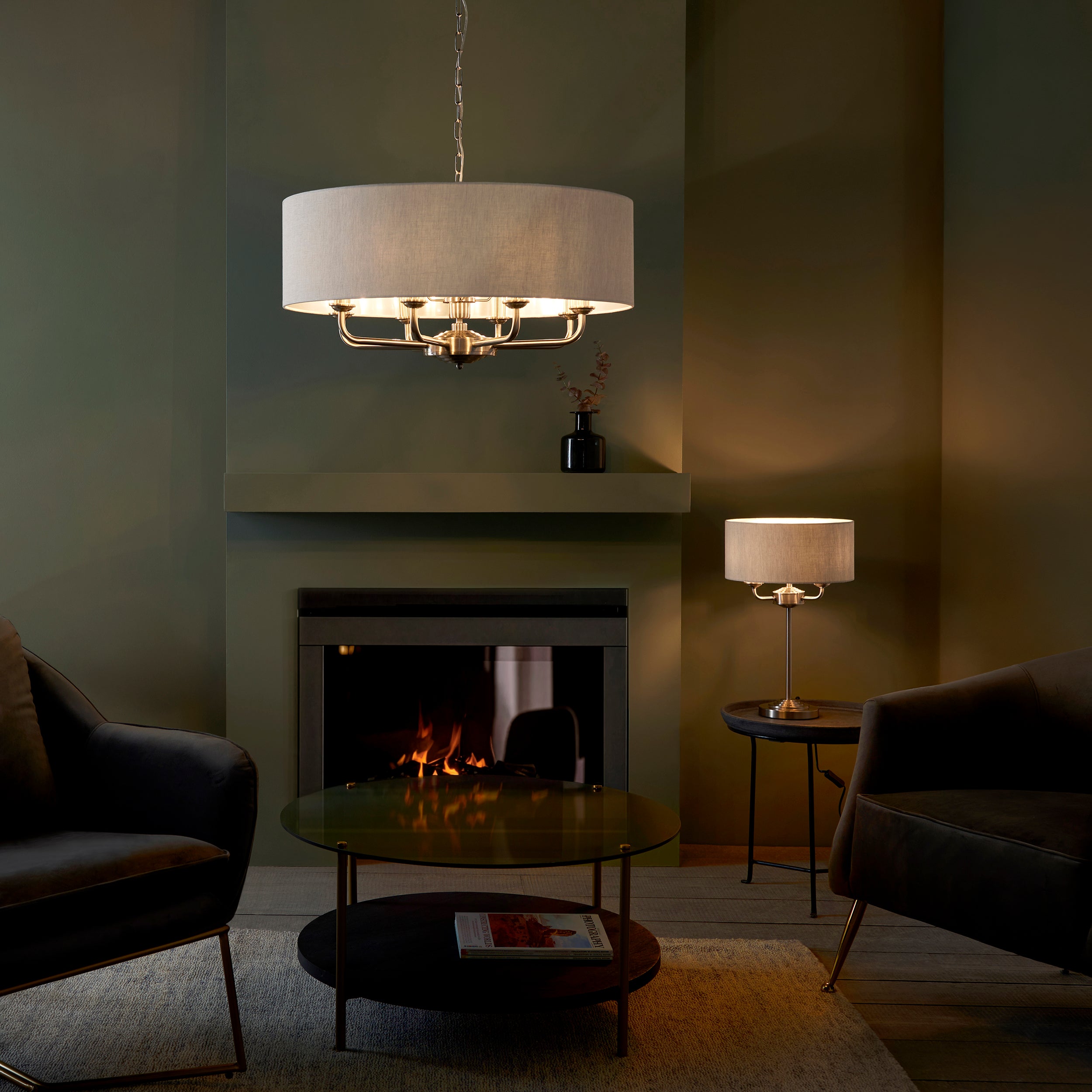 Endon Highclere 8 Light Pendant - Brushed Chrome & Natural Linen