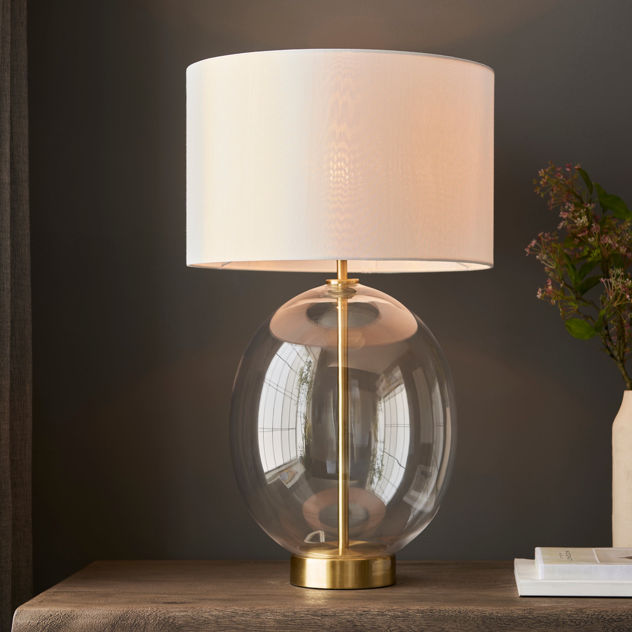 Endon Kelda Oval Touch Table Lamp - Satin Brass & Vintage White Shade