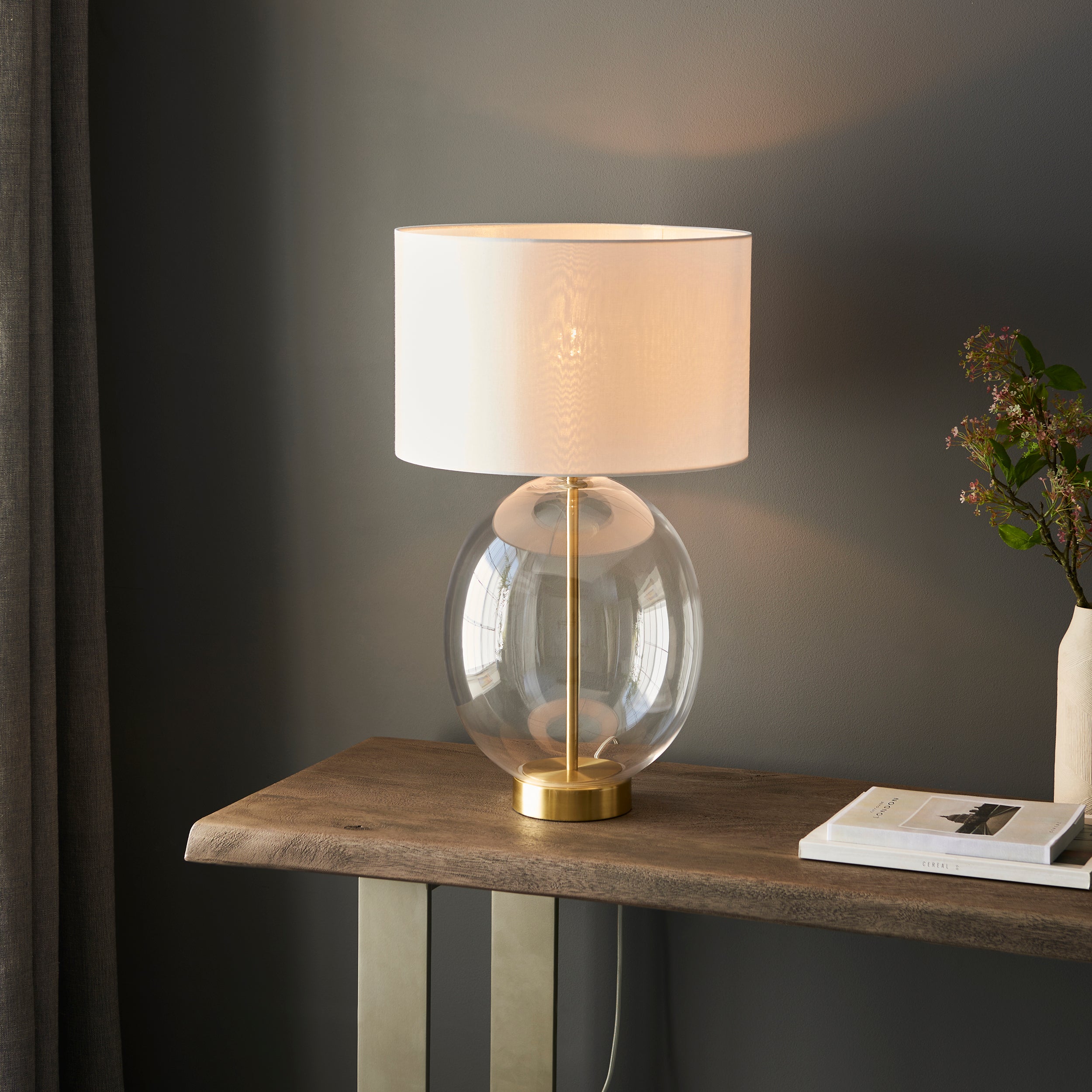 Endon Kelda Oval Touch Table Lamp - Satin Brass & Vintage White Shade